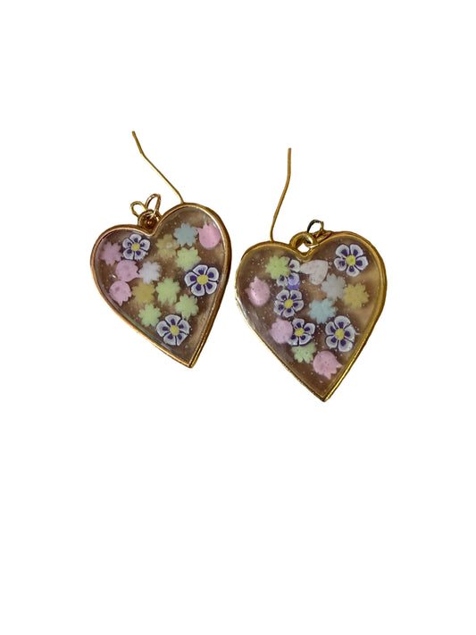 Resin Heart Shape Earrings Gold Trim Flowers