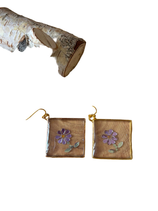 Resin Flower Earrings Gold Plated Trim