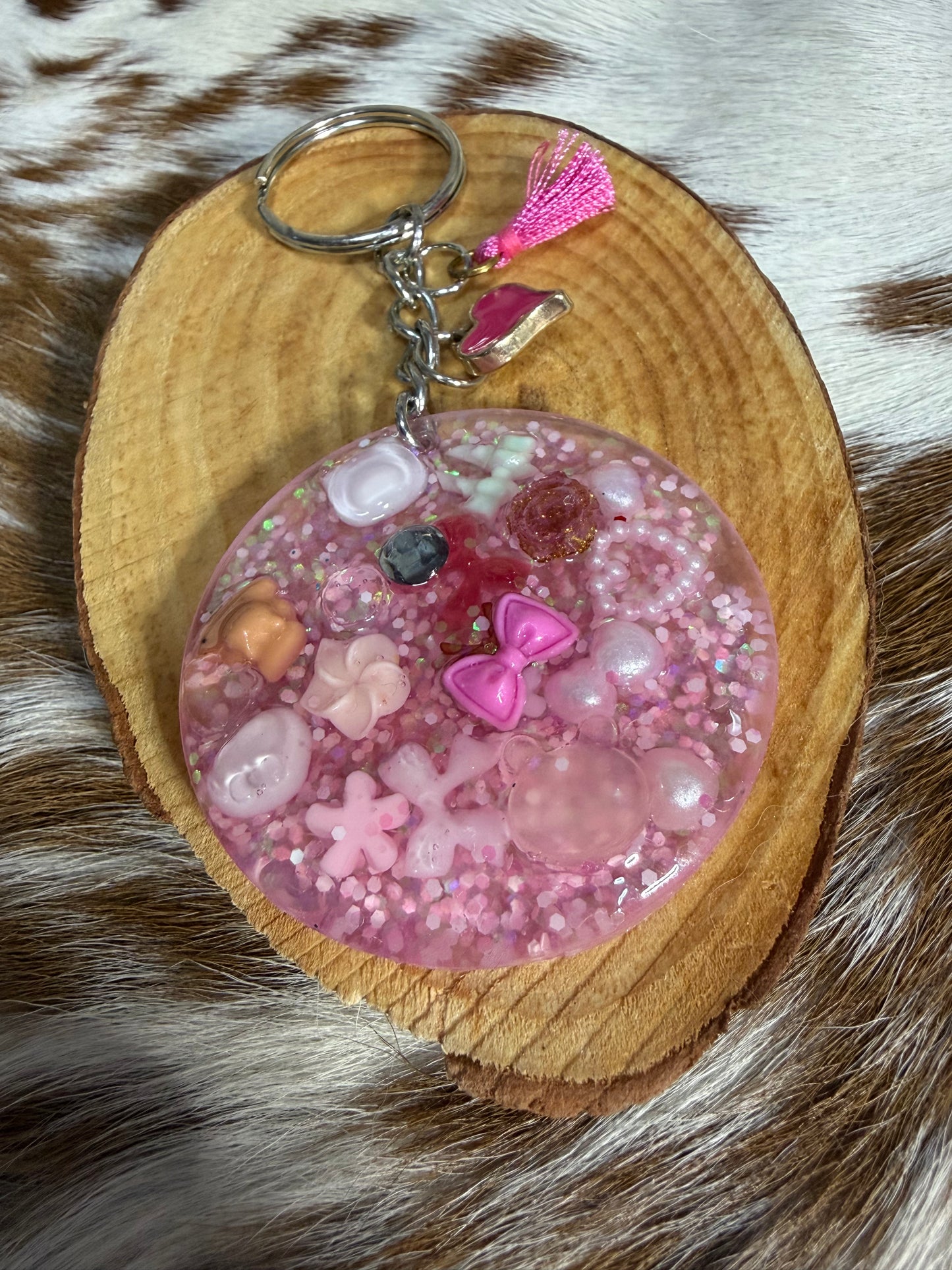 Round Resin Keychain Bag Charm Backpack Purse pink Charms Heart Tassel