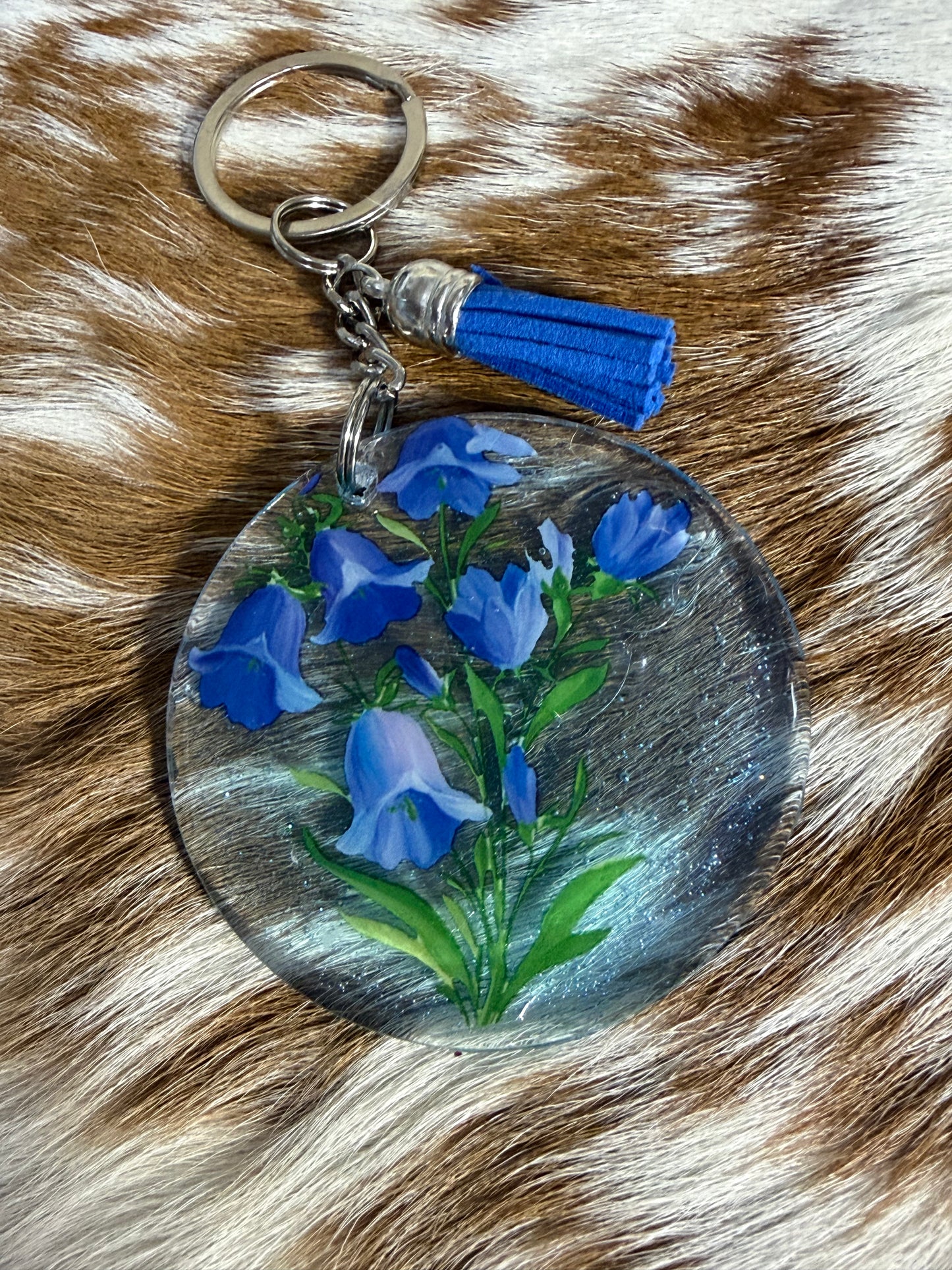 Round Resin Keychain Bag Charm Backpack Blue Flowers Tassel