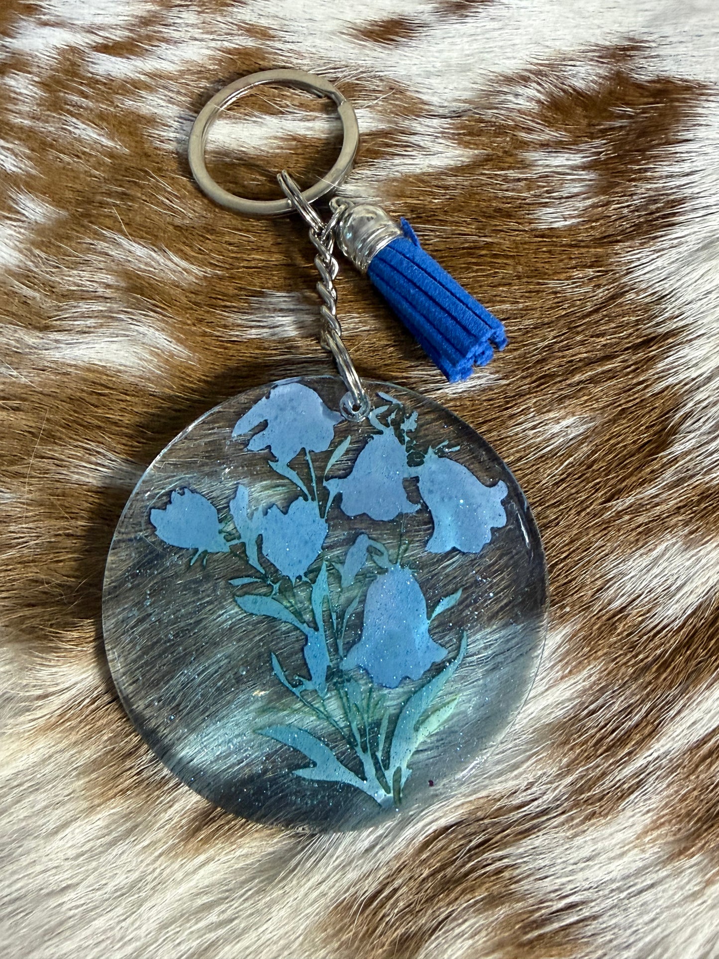Round Resin Keychain Bag Charm Backpack Blue Flowers Tassel