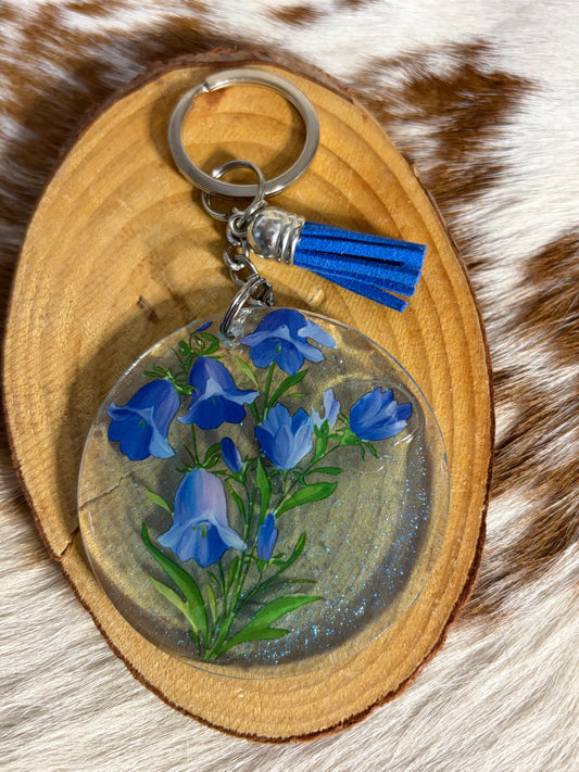 Round Resin Keychain Bag Charm Backpack Blue Flowers Tassel