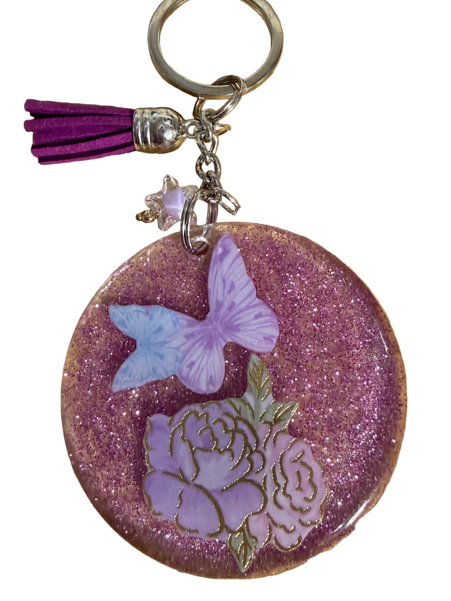 Round Resin Keychain Backpack Bag Charm Purse Glitter Purple Star Charm Tassel
