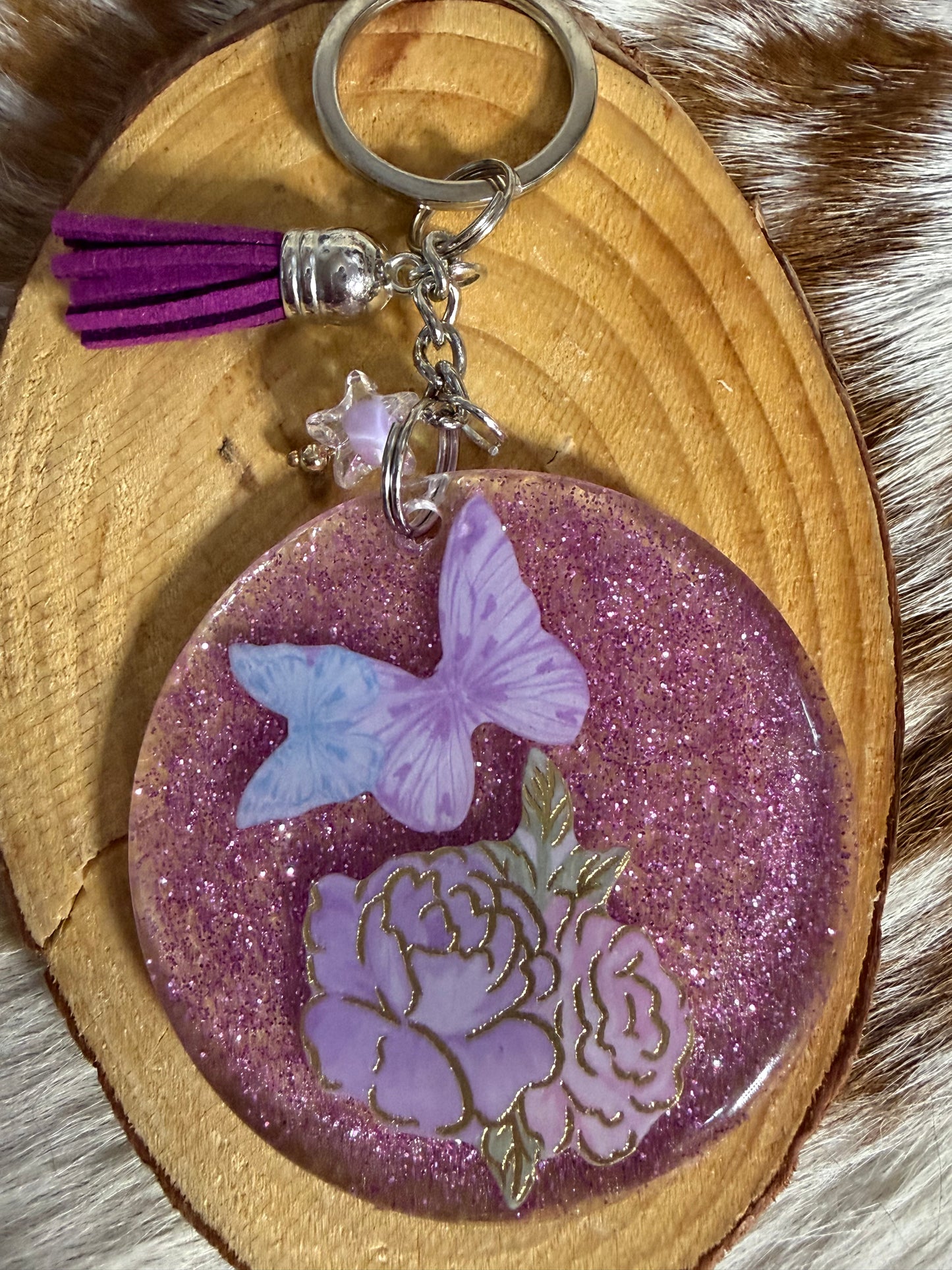 Resin Butterfly Flowers Purple Tassel Keychain Bag Charm Backpack