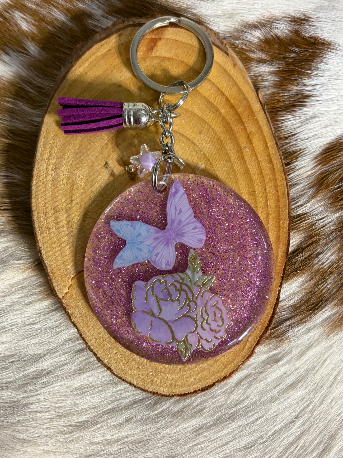 Round Resin Keychain Backpack Bag Charm Purse Glitter Purple Star Charm Tassel