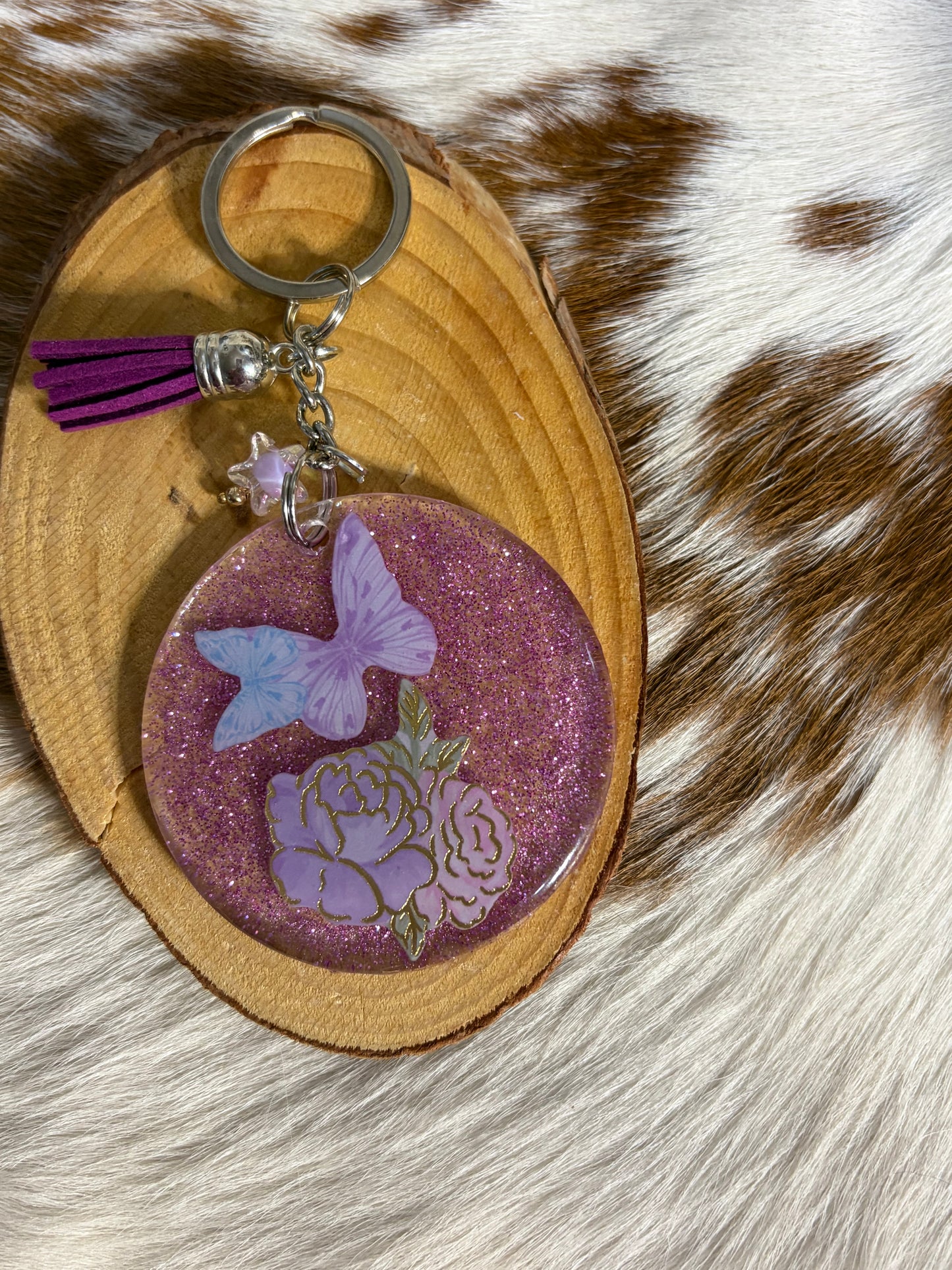 Resin Butterfly Flowers Purple Tassel Keychain Bag Charm Backpack