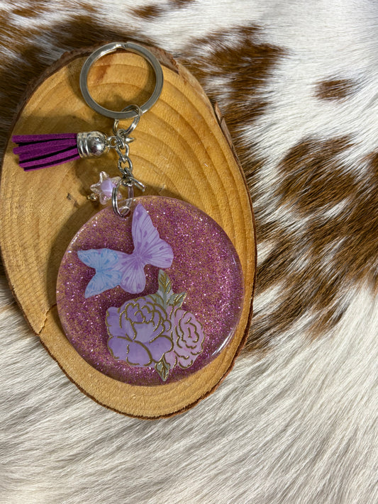 Resin Butterfly Flowers Purple Tassel Keychain Bag Charm Backpack