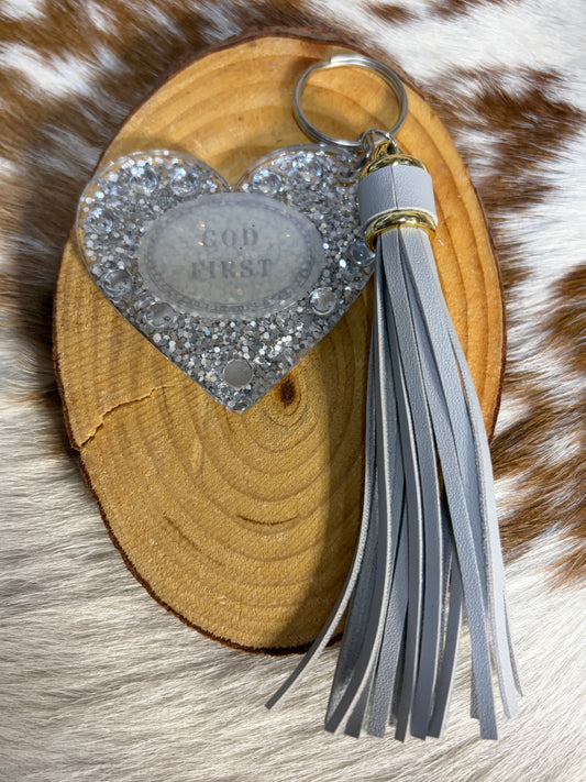 Heart Shape Resin Silver keychain Bag Charm Backpack Silver Tassel God First Glitter