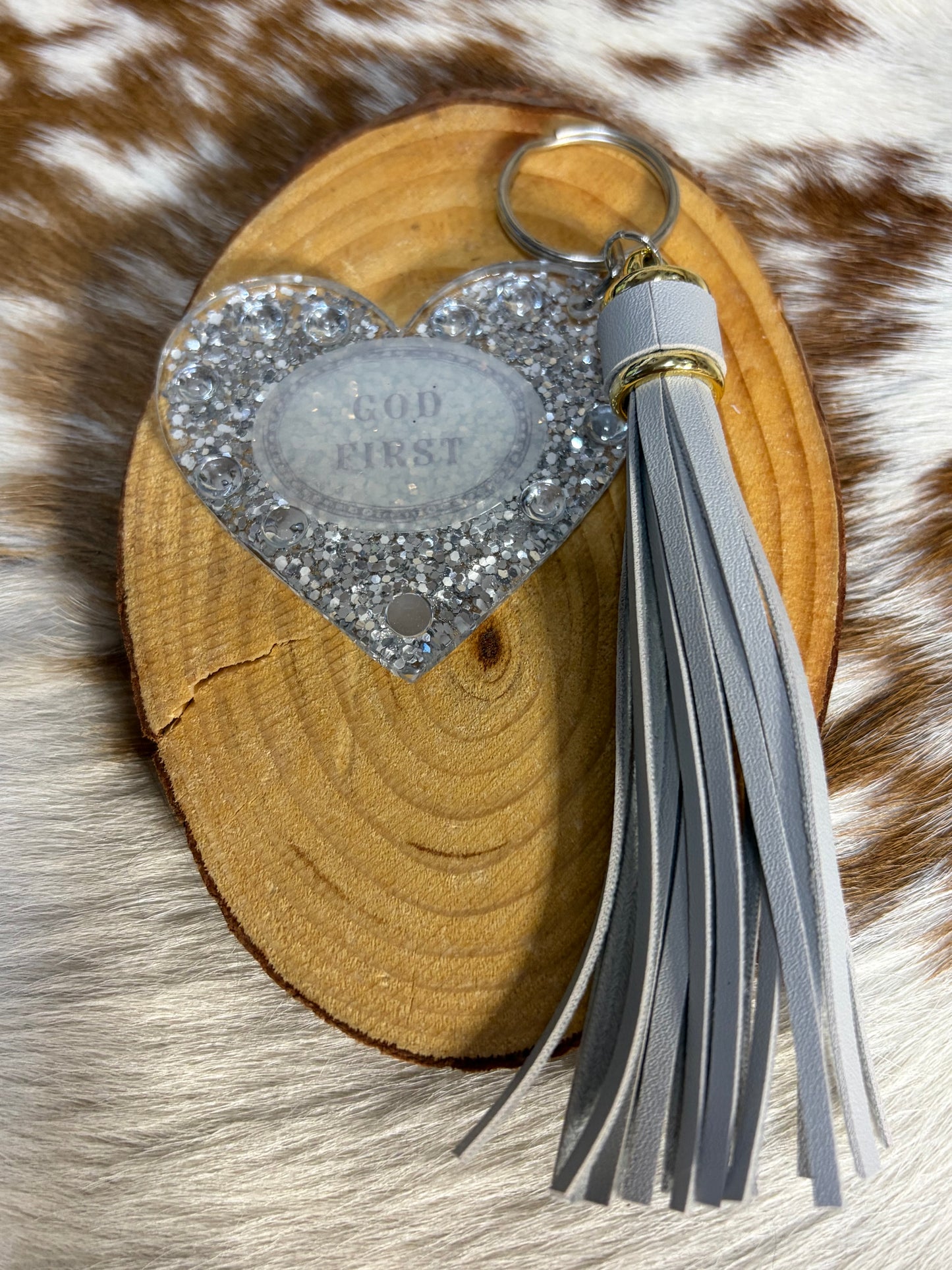 Heart Shape Resin Silver keychain Bag Charm Backpack Silver Tassel God First Glitter