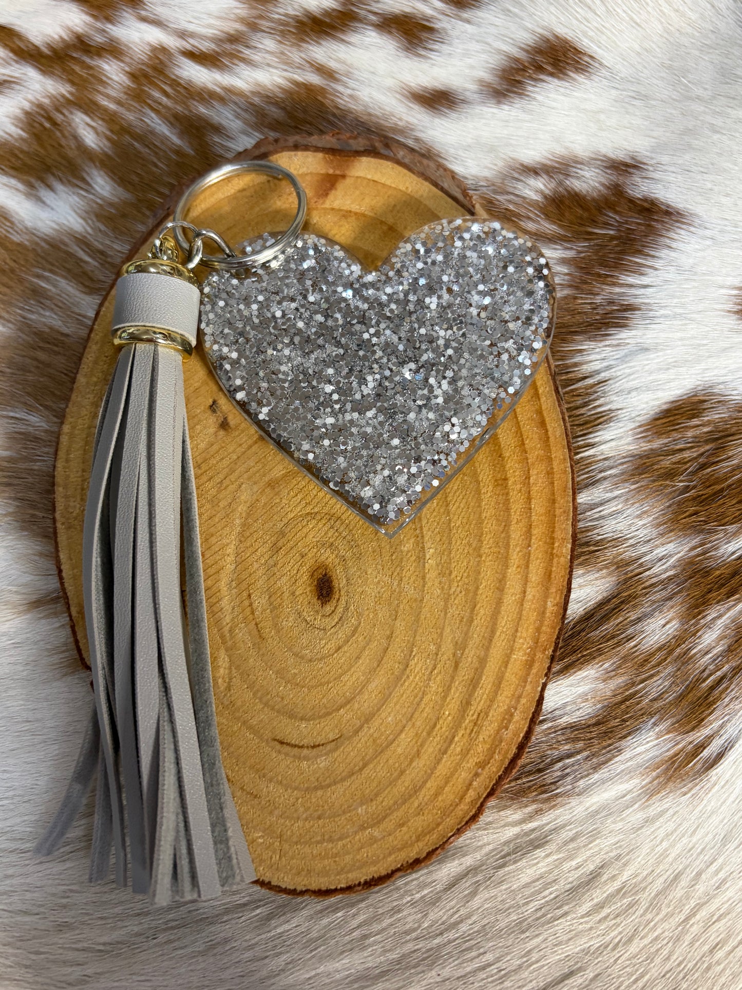 Heart Shape Resin Silver keychain Bag Charm Backpack Silver Tassel God First Glitter