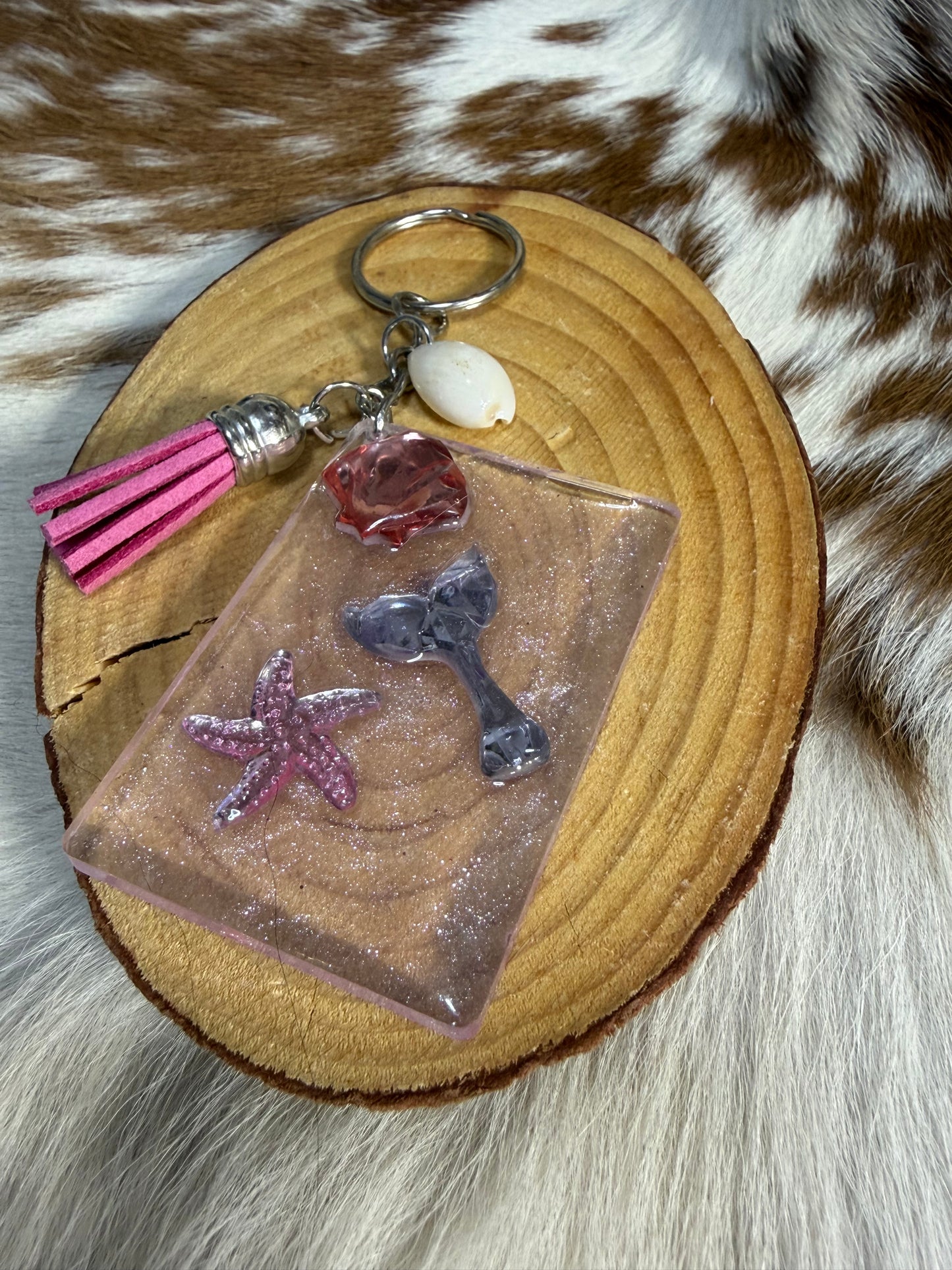 Resin Keychain Bag Charm Pink Tassel  Sea Theme Sea Shells Starfish