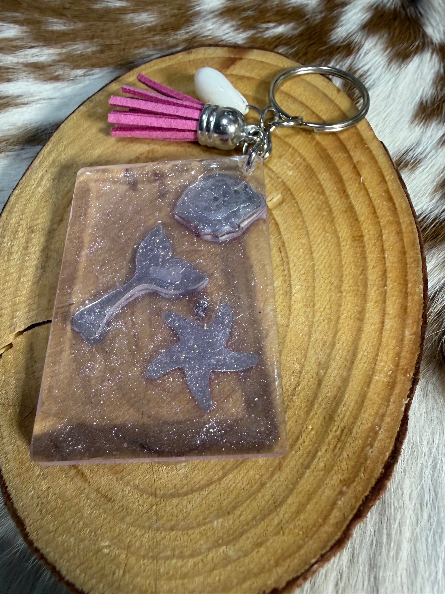 Resin Keychain Bag Charm Pink Tassel  Sea Theme Sea Shells Starfish