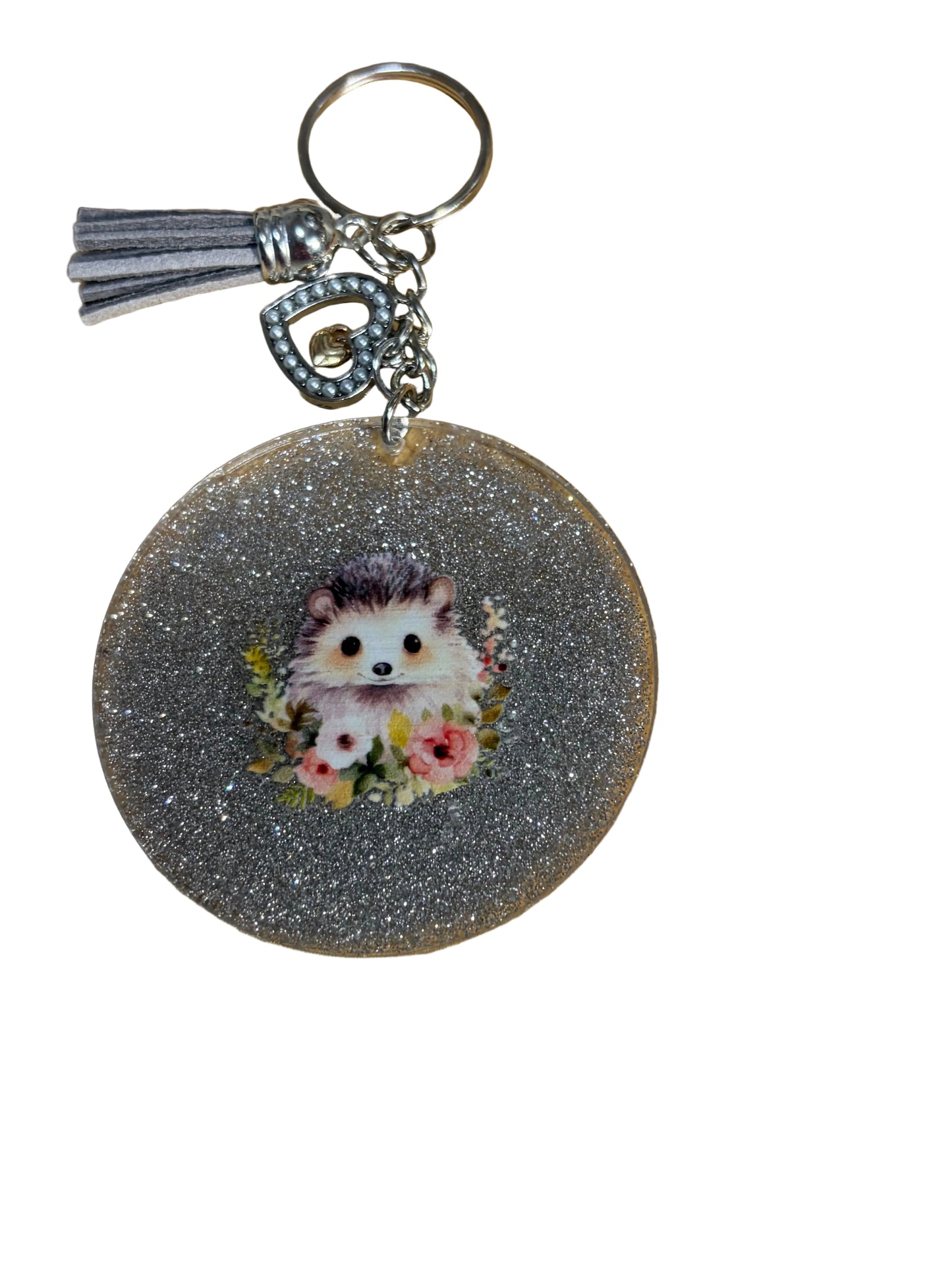 Round Resin Hedge Hog Design Heart Tassel Charm Keychain Bag Charm