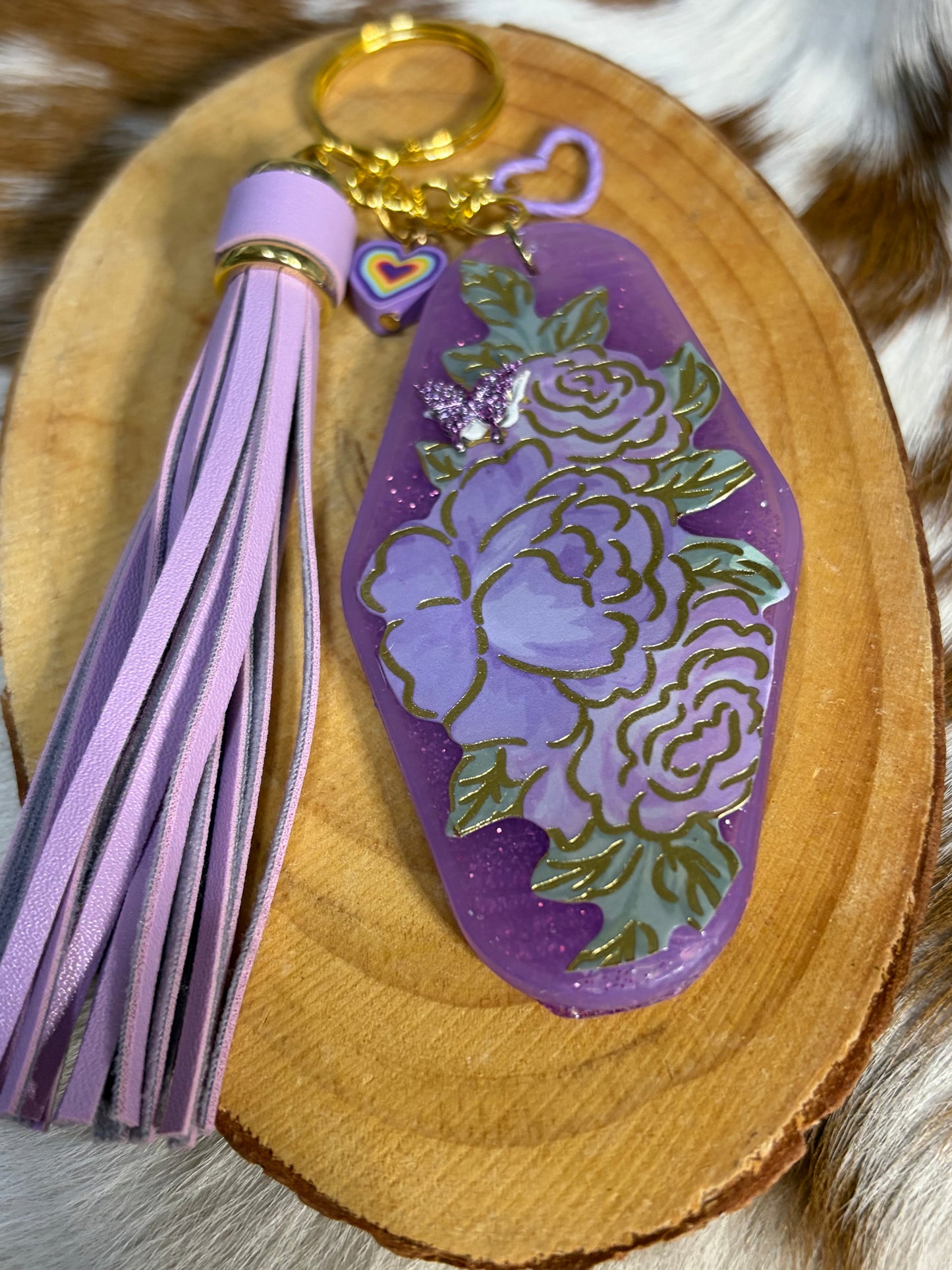 Resin Flower Bat Charm Key Chain Violet Color Tassel Butterfly Glitter  Backpack
