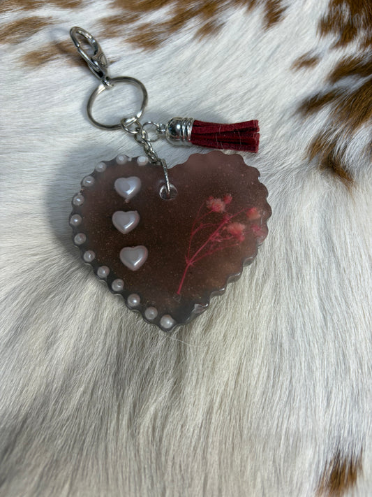 Resin Chocolate Color Heart Pearl Accent Bag Charm Keychain