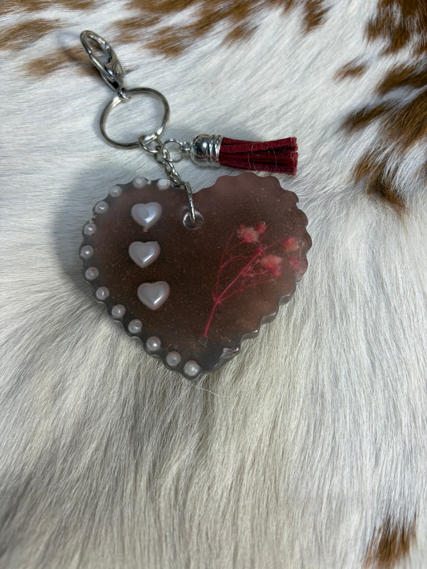 Resin Chocolate Color Heart Pearl Accent Bag Charm Keychain