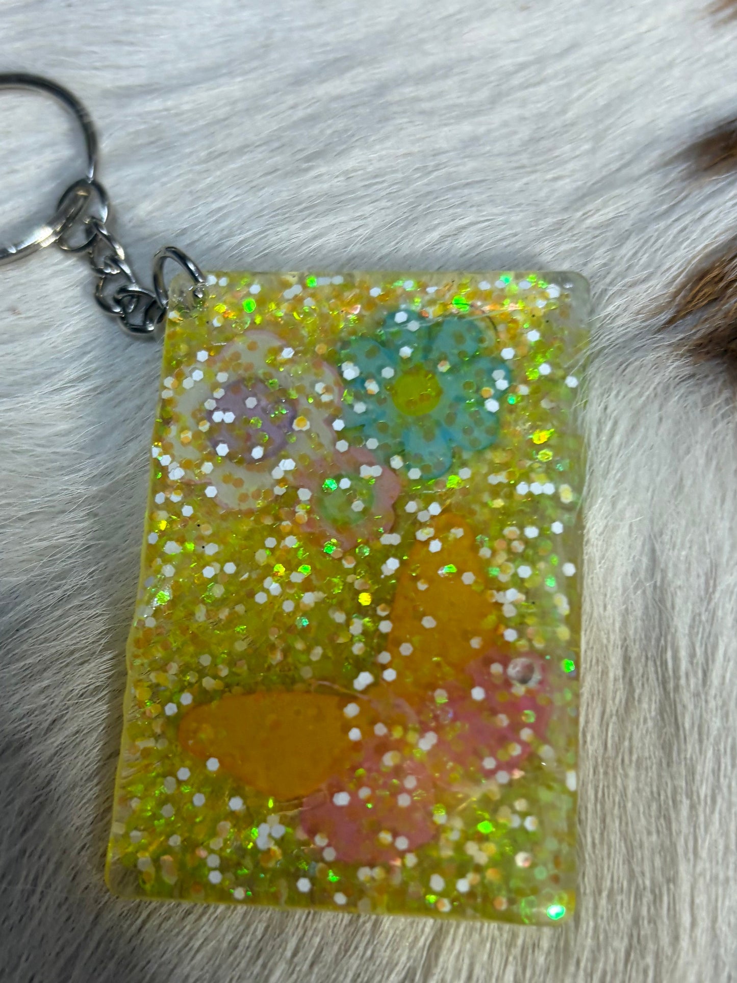 Flower Butterfly Resin Keychain Bag Charm Backpack Yellow Glitter