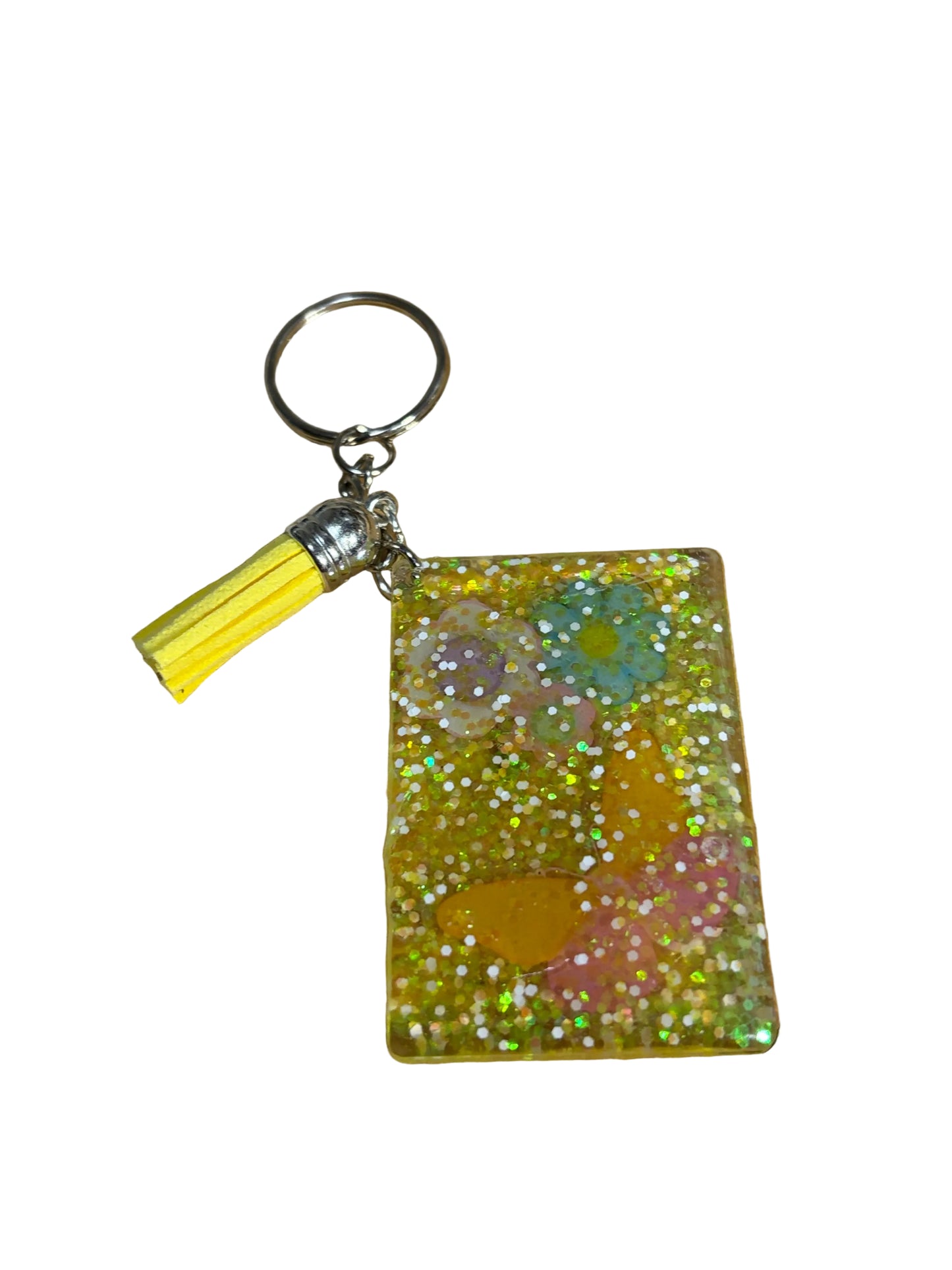 Flower Butterfly Resin Keychain Bag Charm Backpack Yellow Glitter