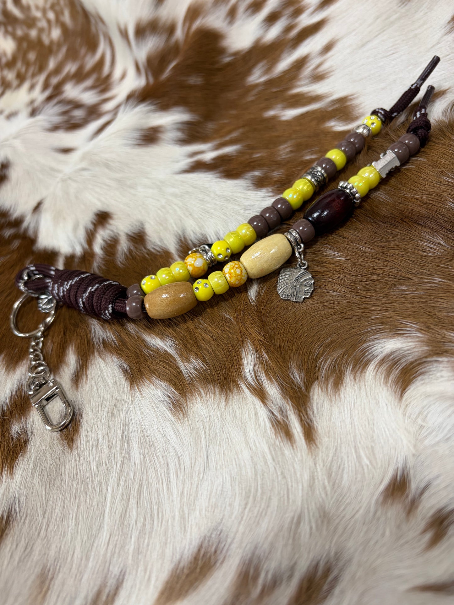 Paracord Wood Beads  Bag Charm Keychain Charms Indian Castle Rosette Brown Yellows