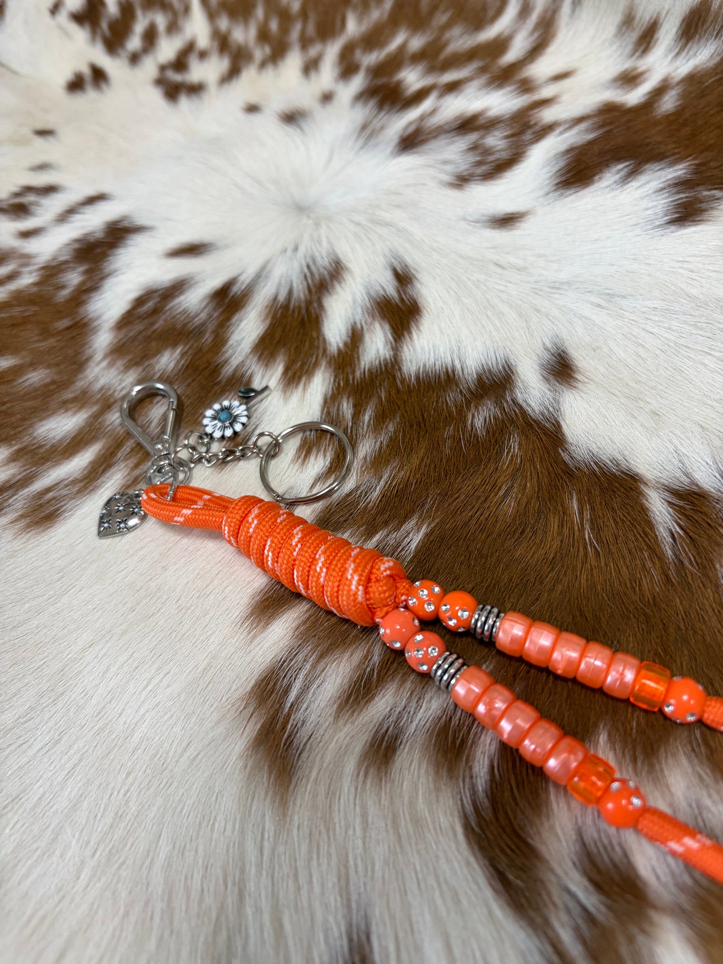 Paracord Rope Keychain Bag Charm Backpack Heart Flower Orange Beaded