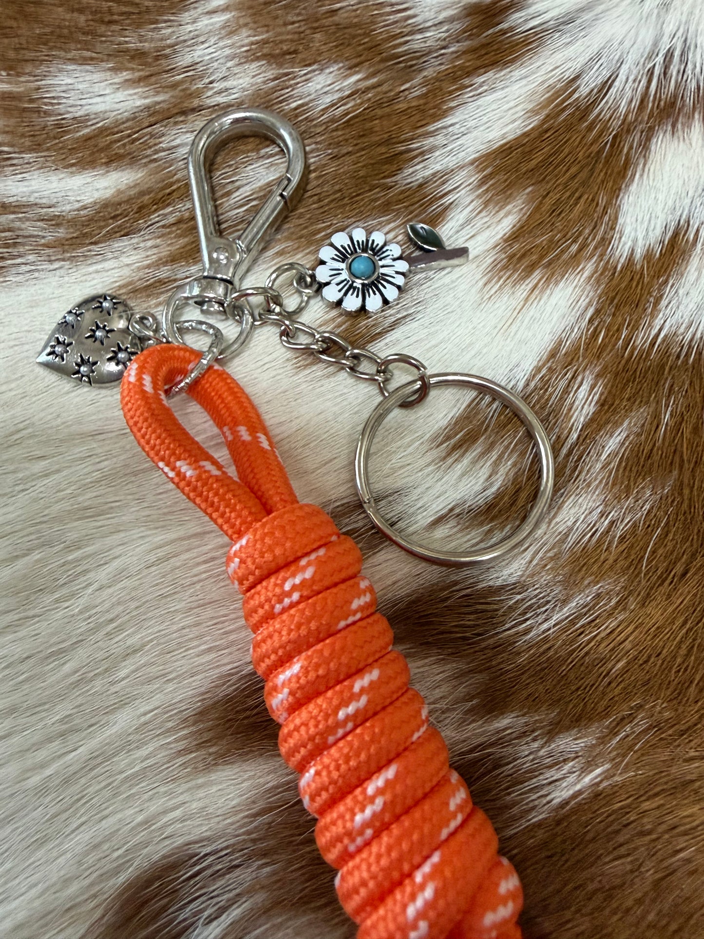 Paracord Rope Keychain Bag Charm Backpack Heart Flower Orange Beaded