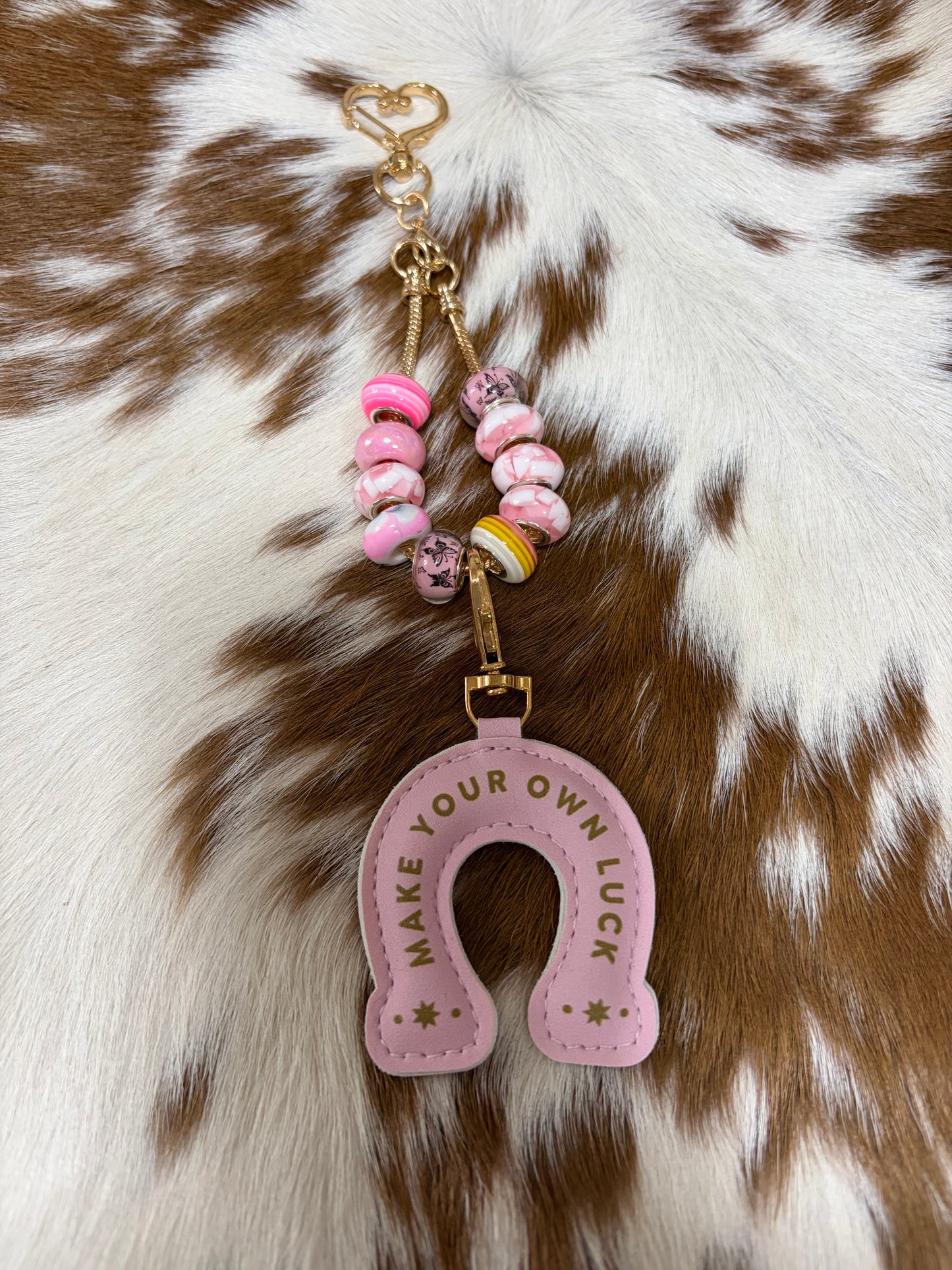 Western Horse Shoe Bag Charm Make Your Own Luck Pink Charm Pink Beads