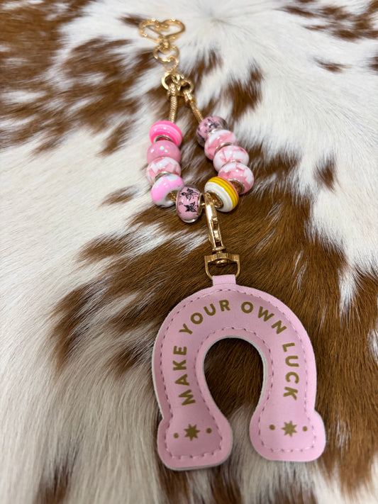 Western Horse Shoe Bag Charm Make Your Own Luck Pink Charm Pink Beads