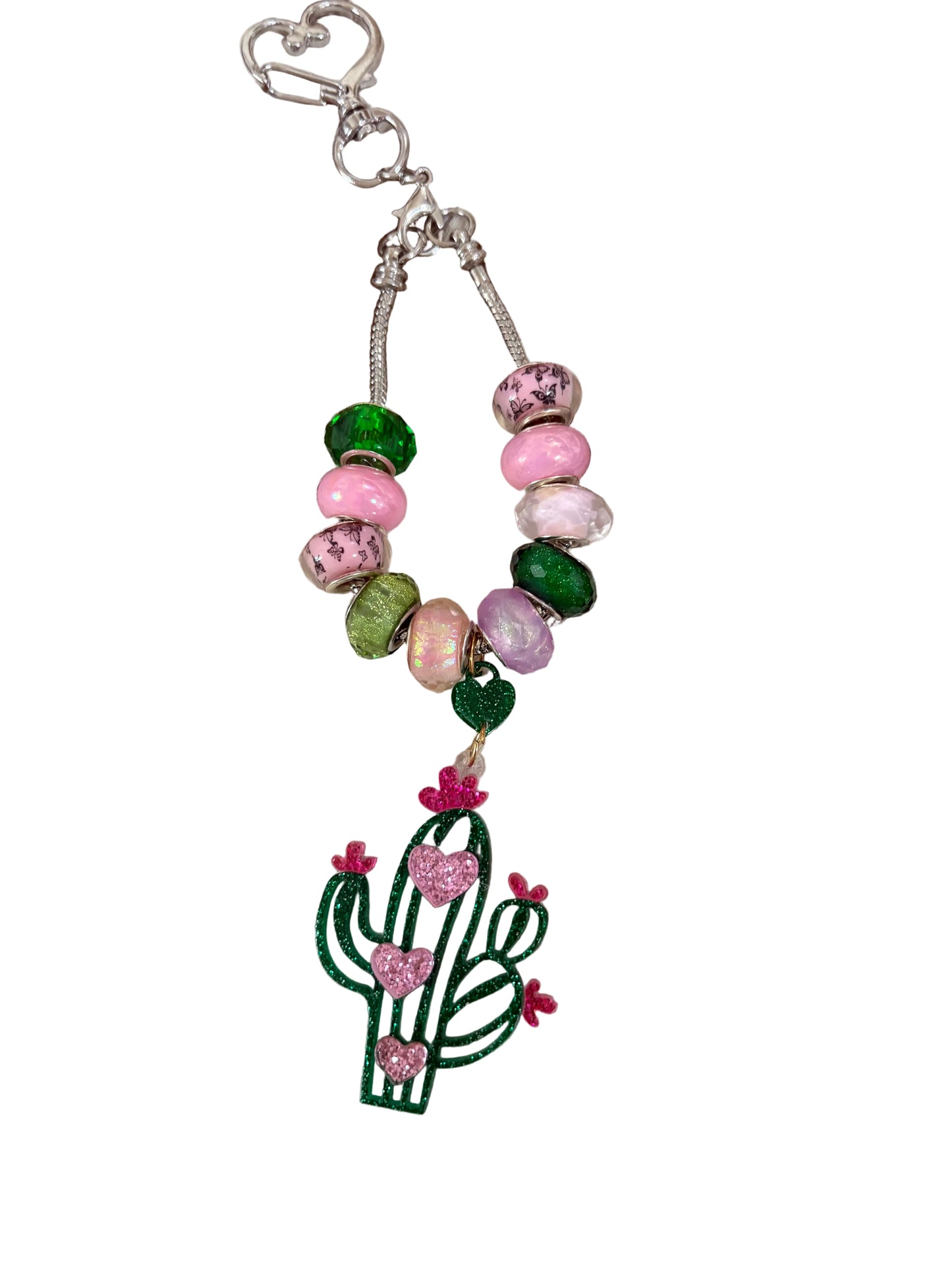 Cactus Bag Charm Keychain Purse Charm Green Pinks Dangle