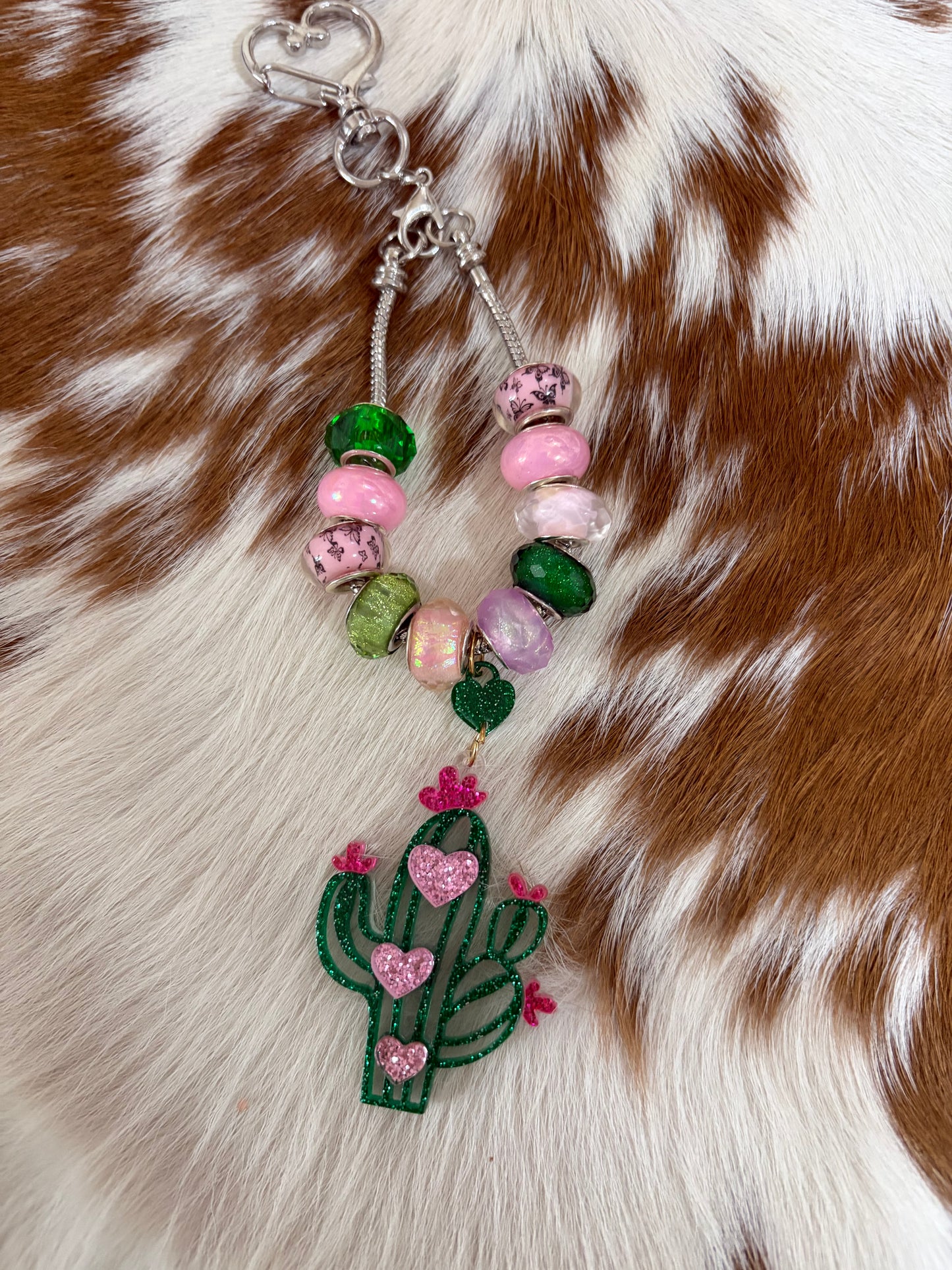 Cactus Bag Charm Keychain Purse Charm Green Pinks Dangle