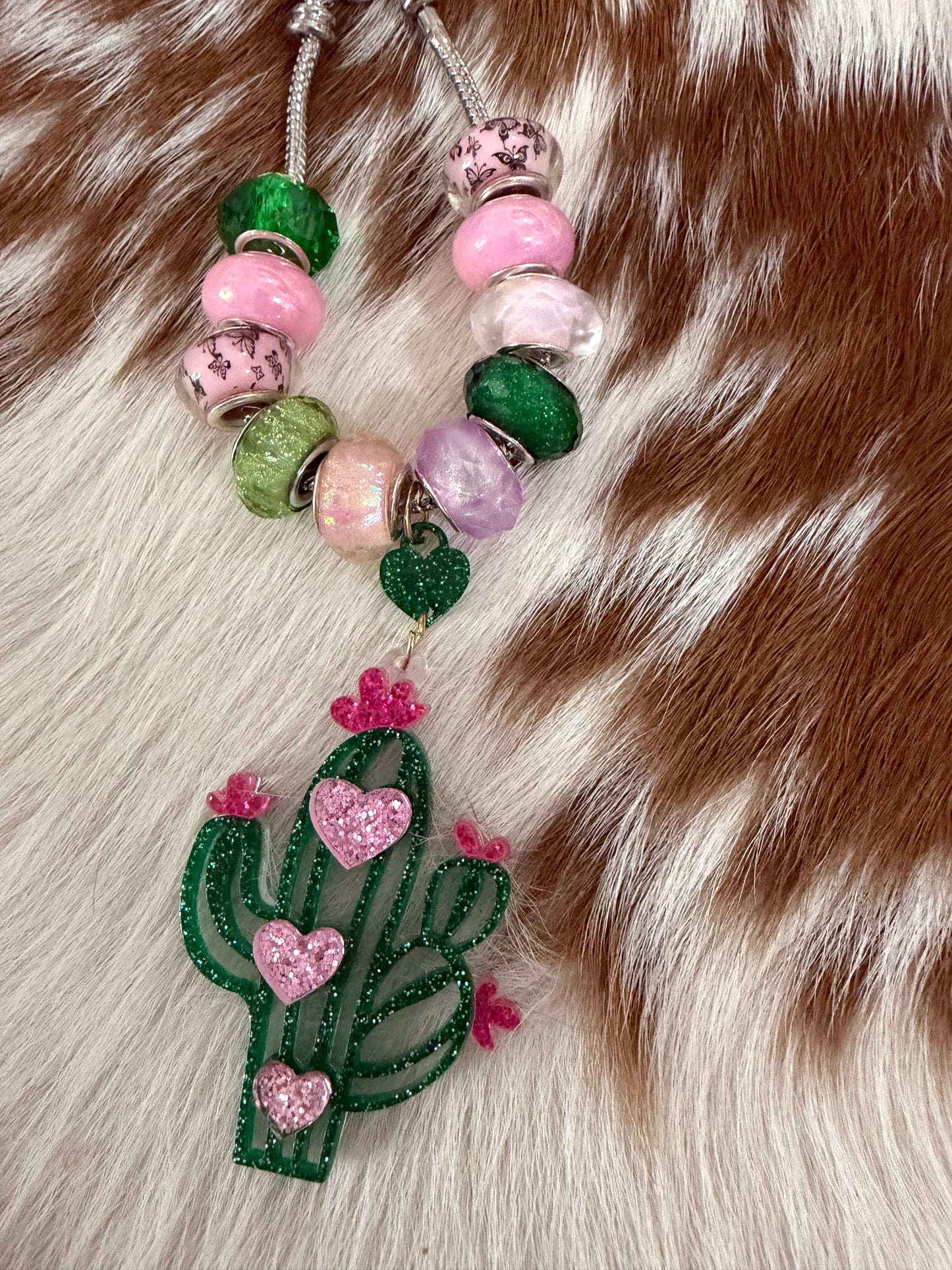 Cactus Bag Charm Keychain Purse Charm Green Pinks Dangle