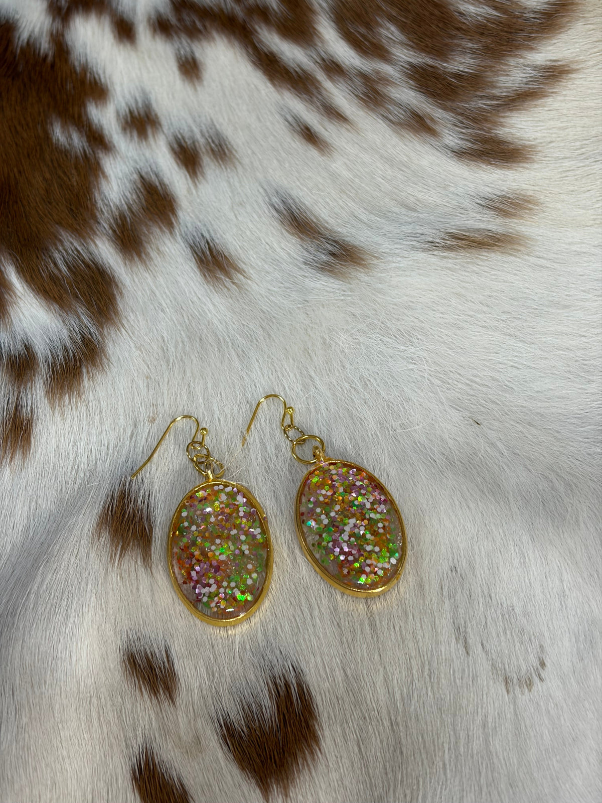 Oval Resin Gold Trim Rainbow Glitter Earrings