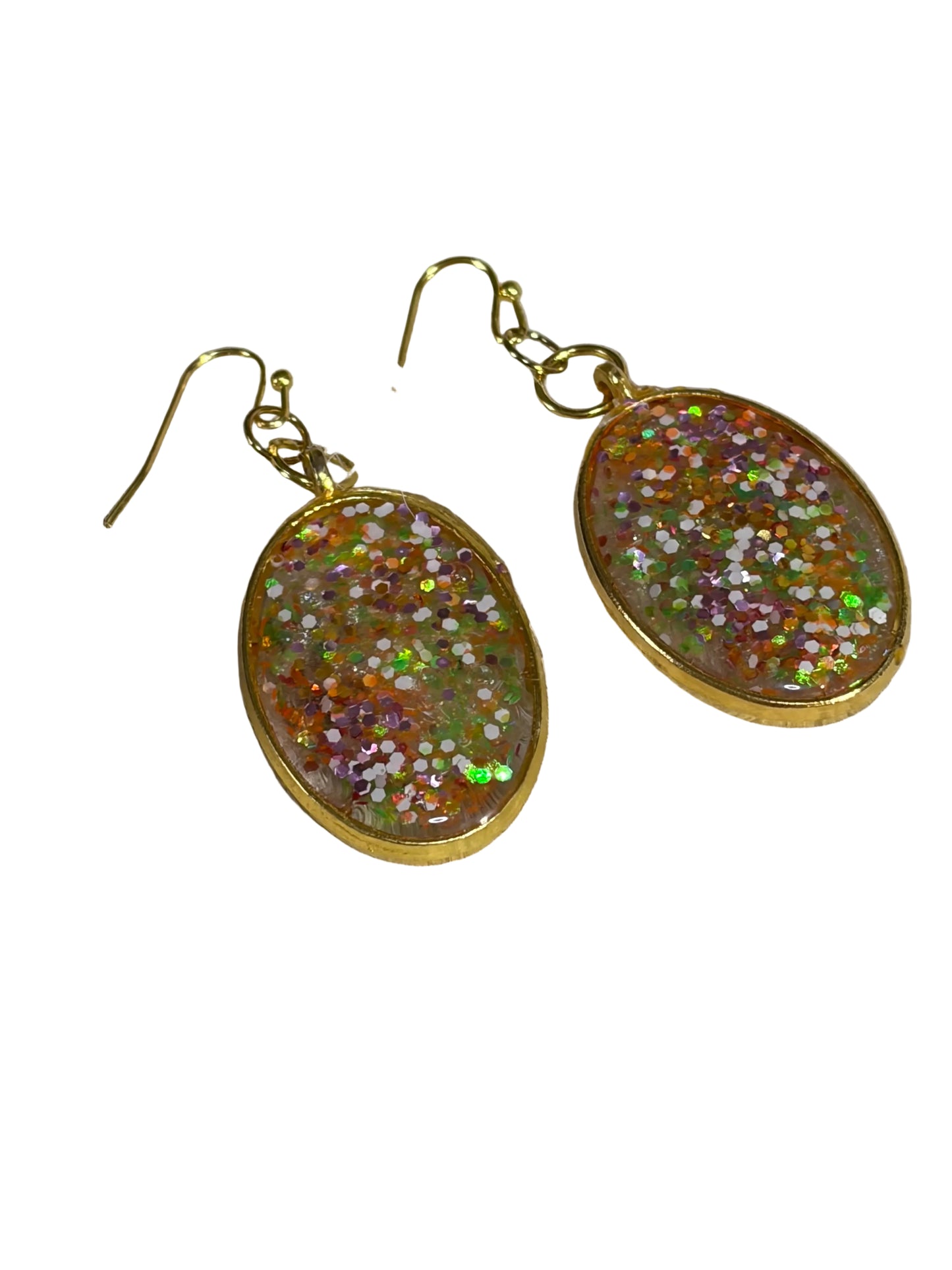 Oval Resin Gold Trim Rainbow Glitter Earrings