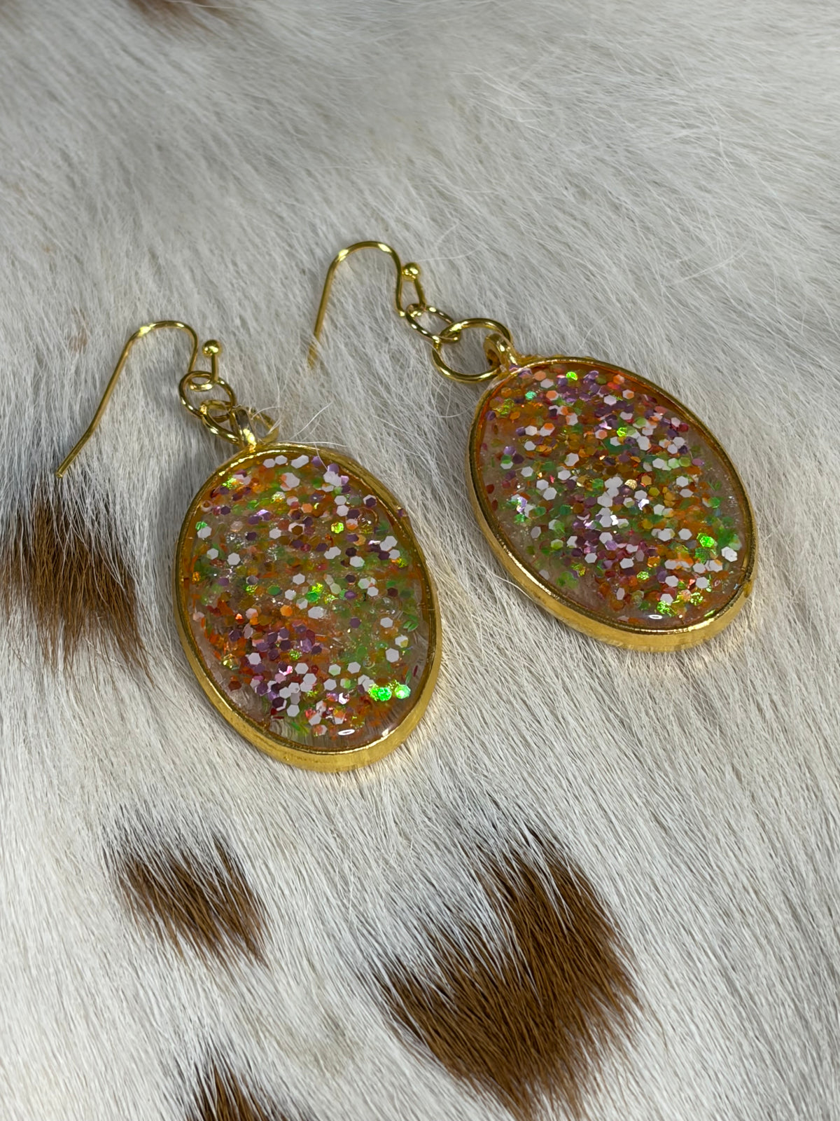 Oval Resin Gold Trim Rainbow Glitter Earrings