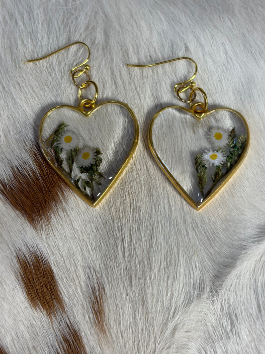 Resin Heart Shape Earrings Flower Theme