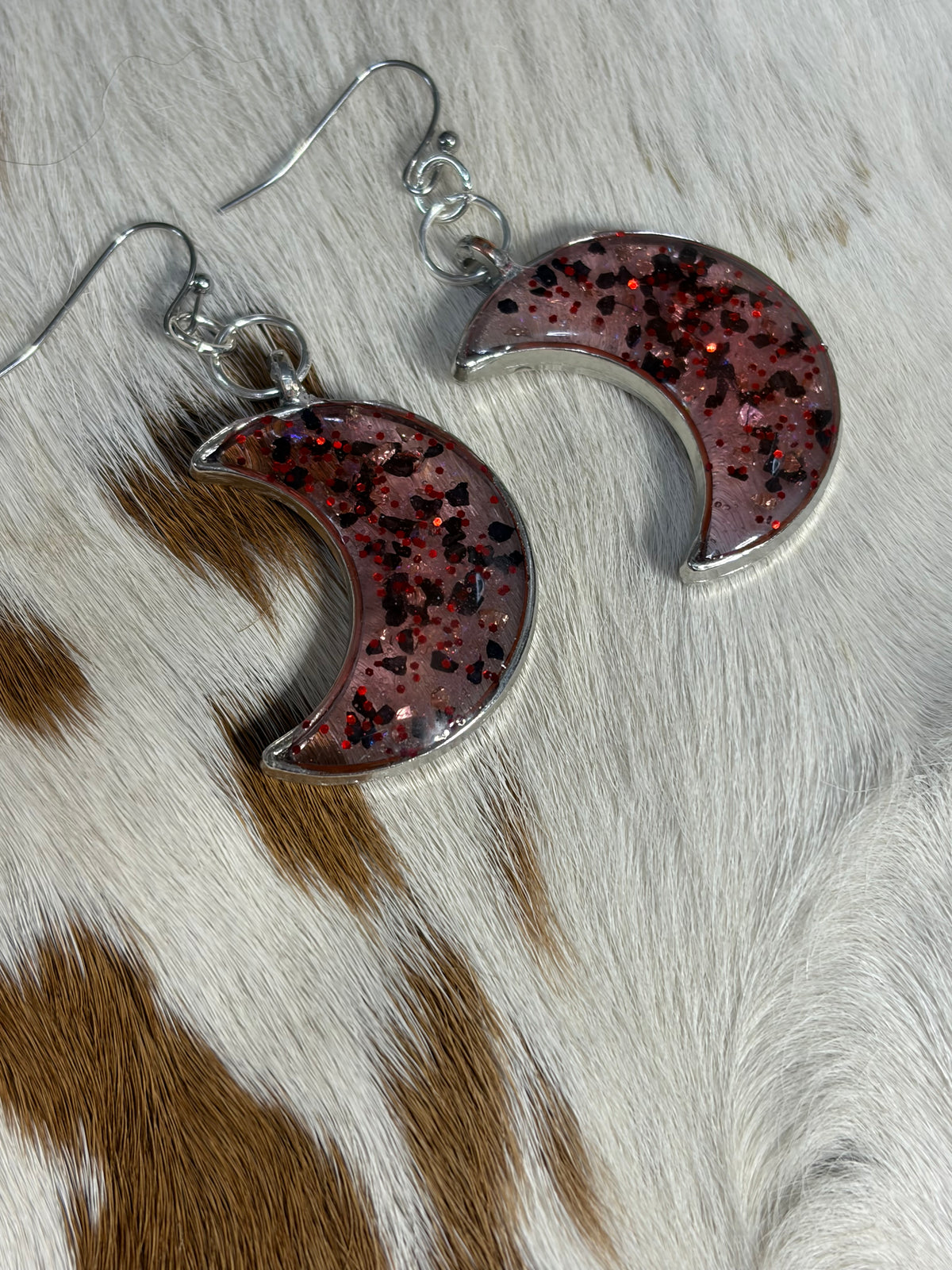 Resin Red Glitter Half Moon Earrings