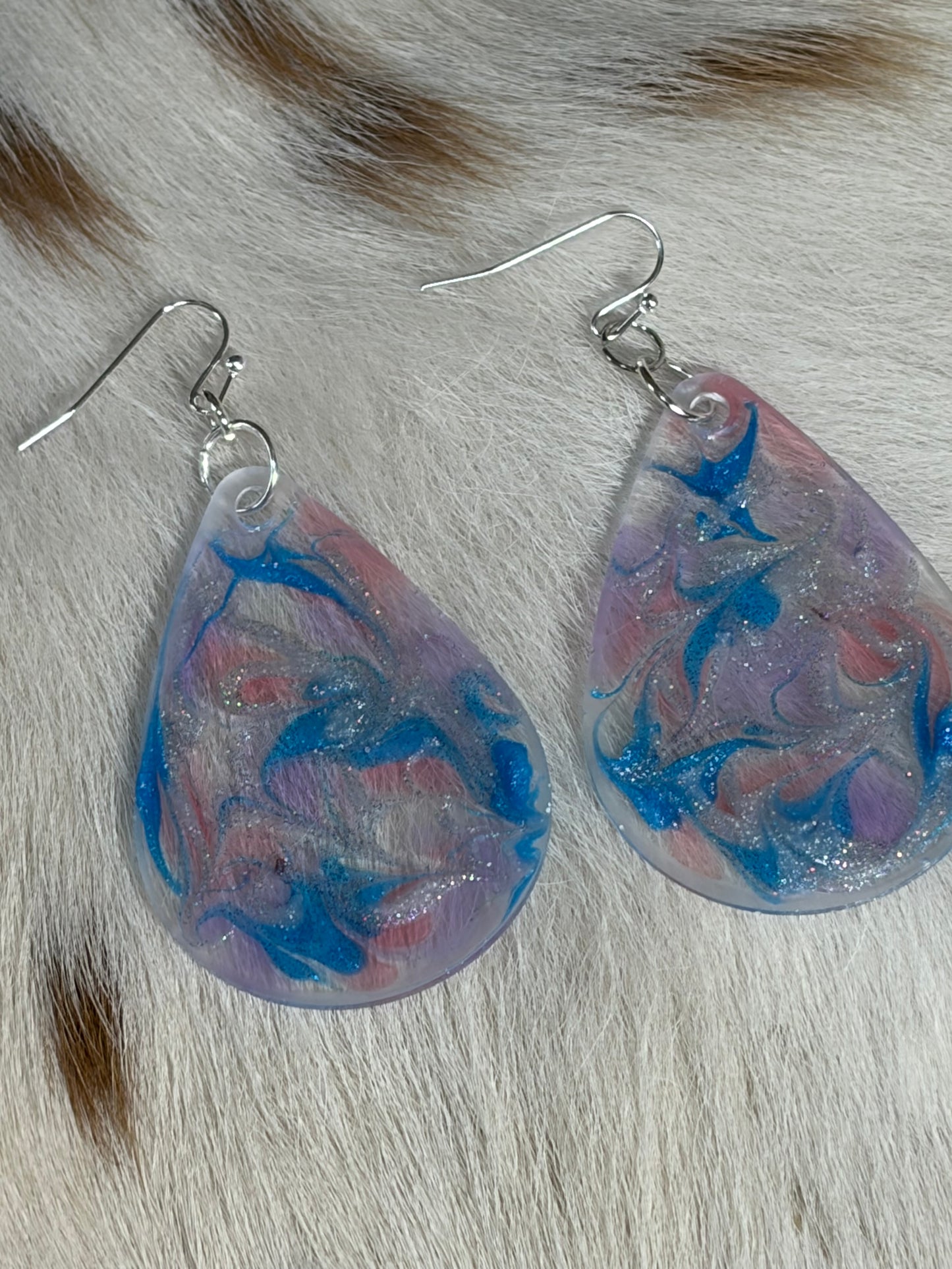 Resin Teardrop Earrings Blue Silver Red