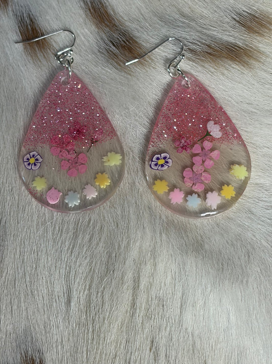 Resin Teardrop Earrings Flowers Pink Glitter
