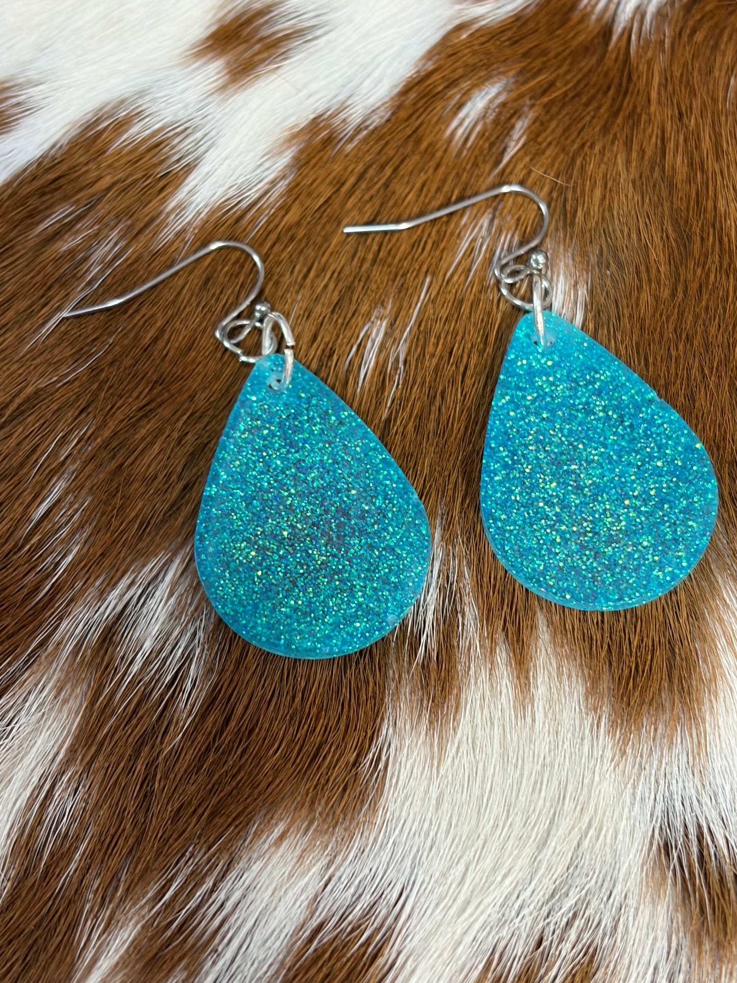 Teadrop Resin Blue Sparkle Glitter Earrings
