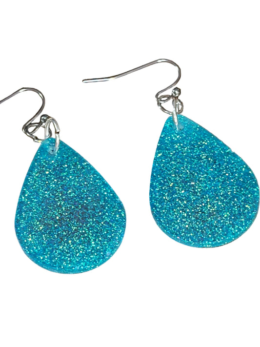 Teadrop Resin Blue Sparkle Glitter Earrings