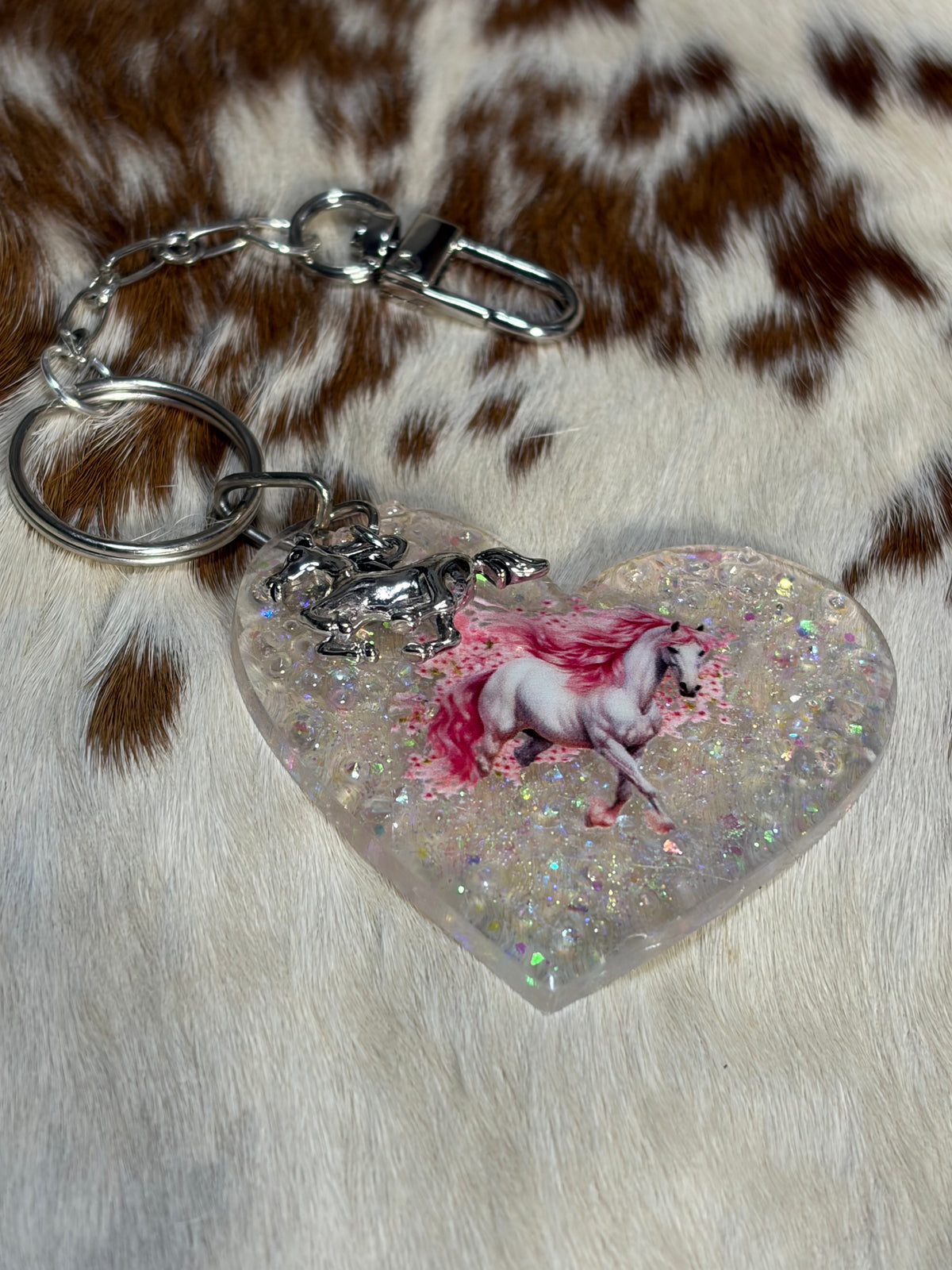 Heart Shape Resin Acrylic Horse Bag Charm White Glitter Running Horse Charm Purse bag Charm Backpack Charm
