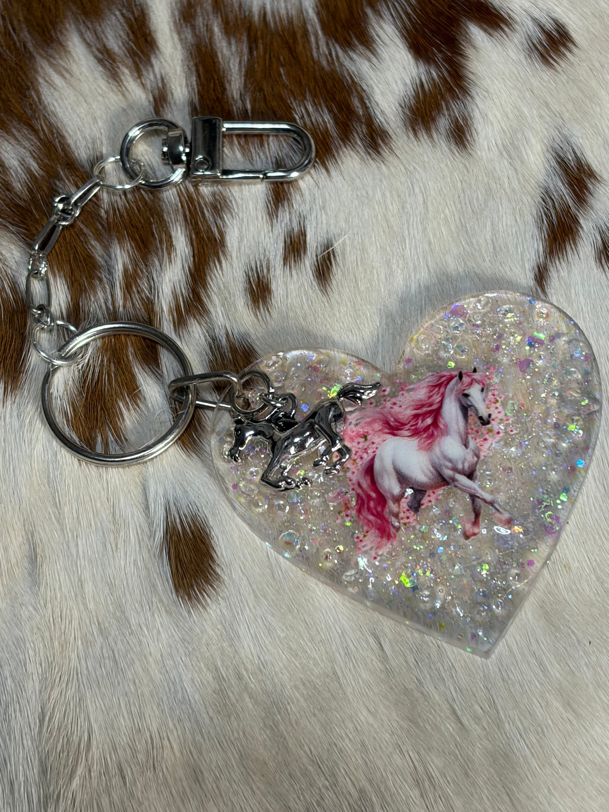 Heart Shape Resin Acrylic Horse Bag Charm White Glitter Running Horse Charm Purse bag Charm Backpack Charm