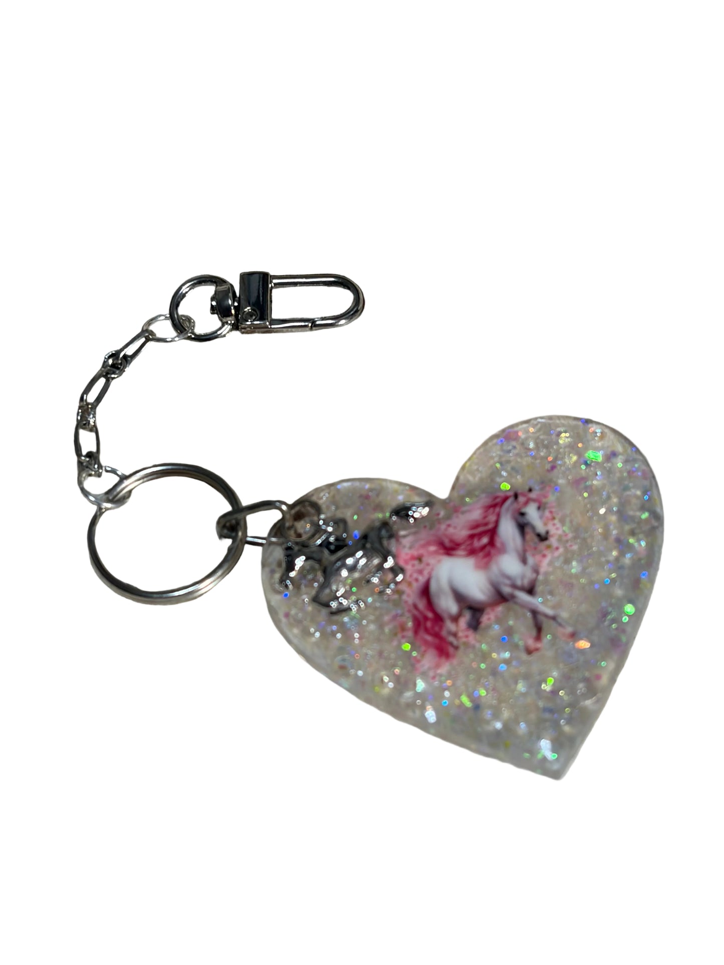 Heart Shape Resin Acrylic Horse Bag Charm White Glitter Running Horse Charm Purse bag Charm Backpack Charm