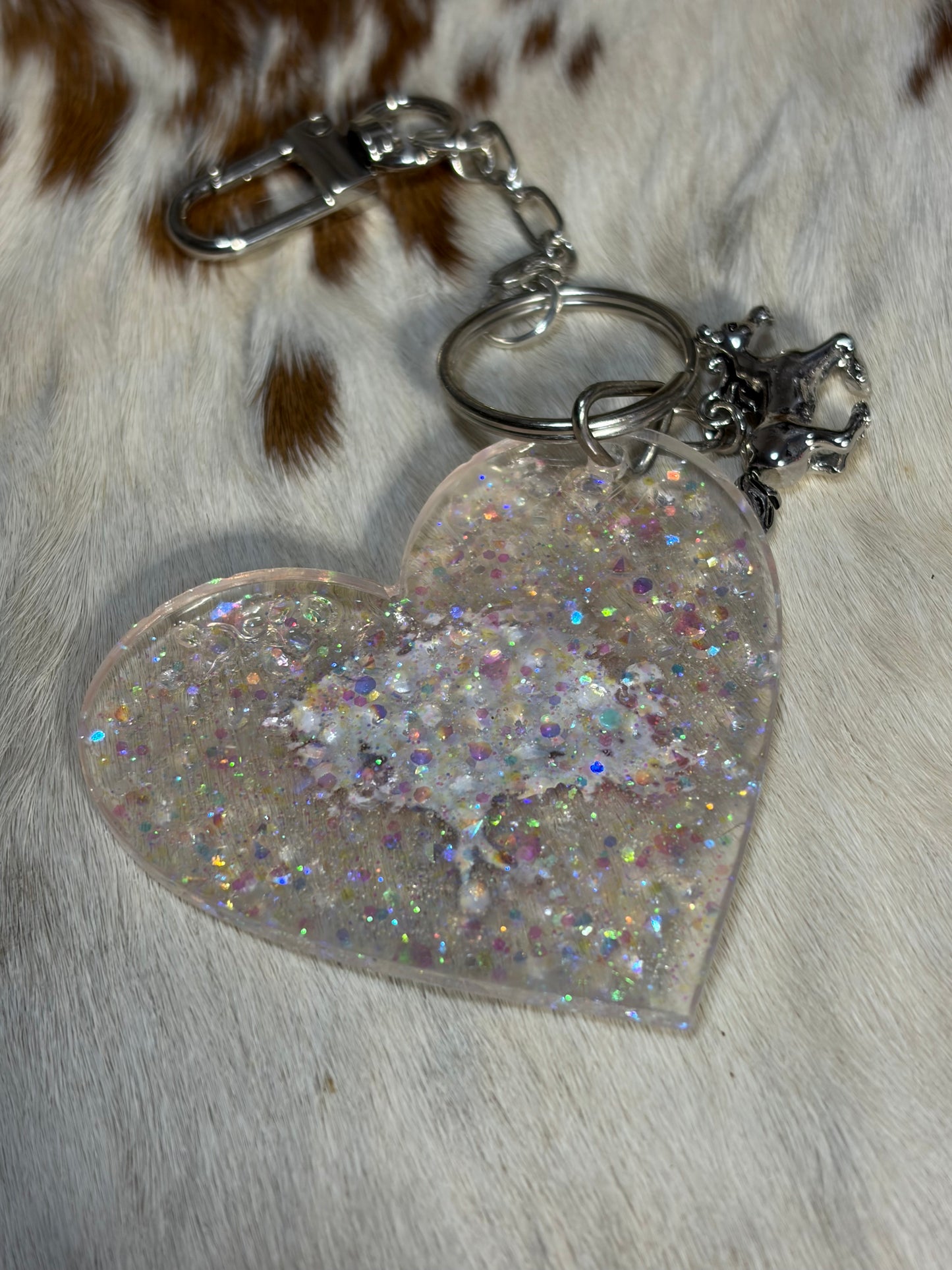 Heart Shape Resin Acrylic Horse Bag Charm White Glitter Running Horse Charm Purse bag Charm Backpack Charm