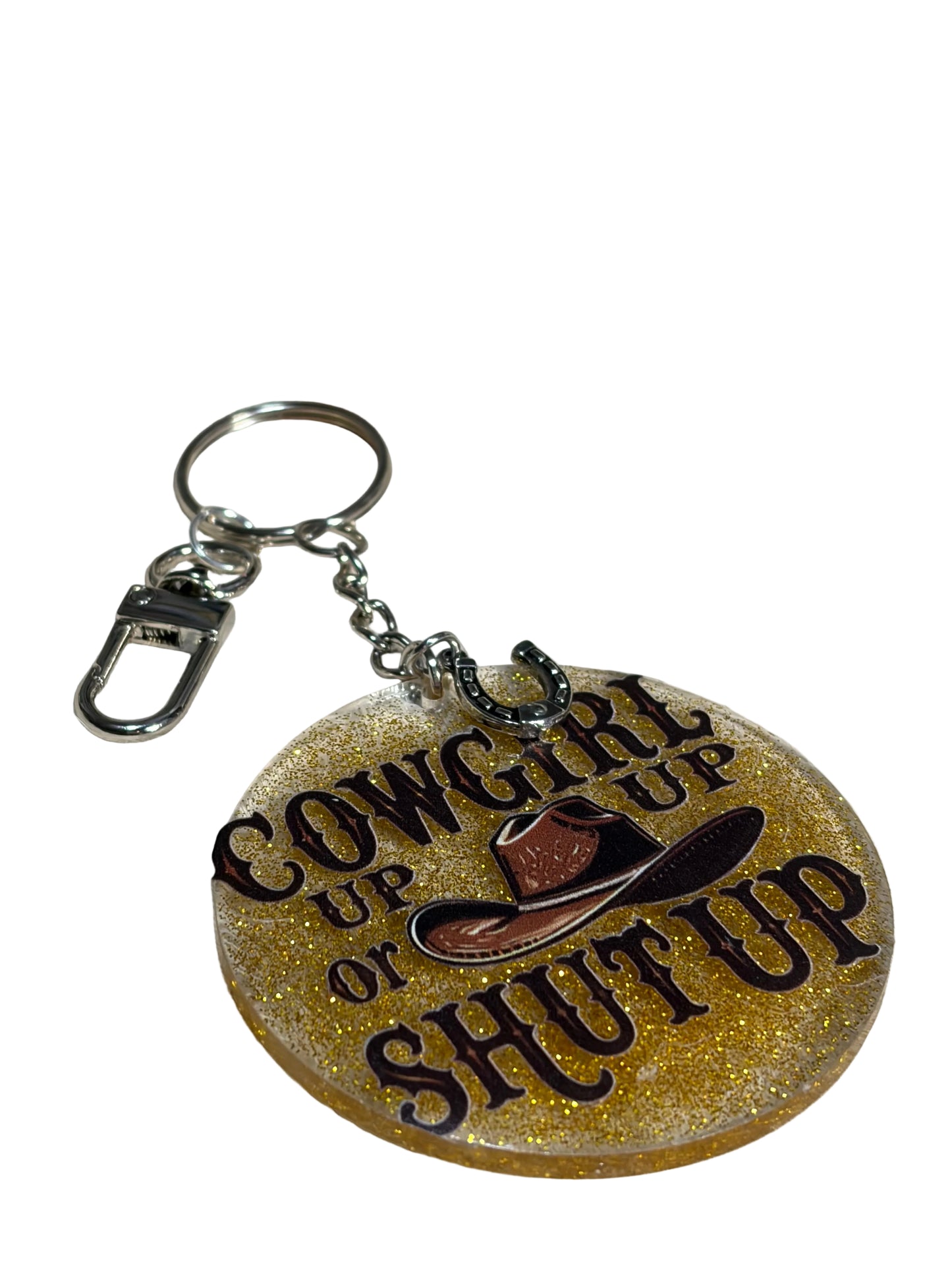 Cowgirl UP Or Shut UP Resin Acrylic Bag Charm Keychain Gold Brown Purse Charm Backpack Charm