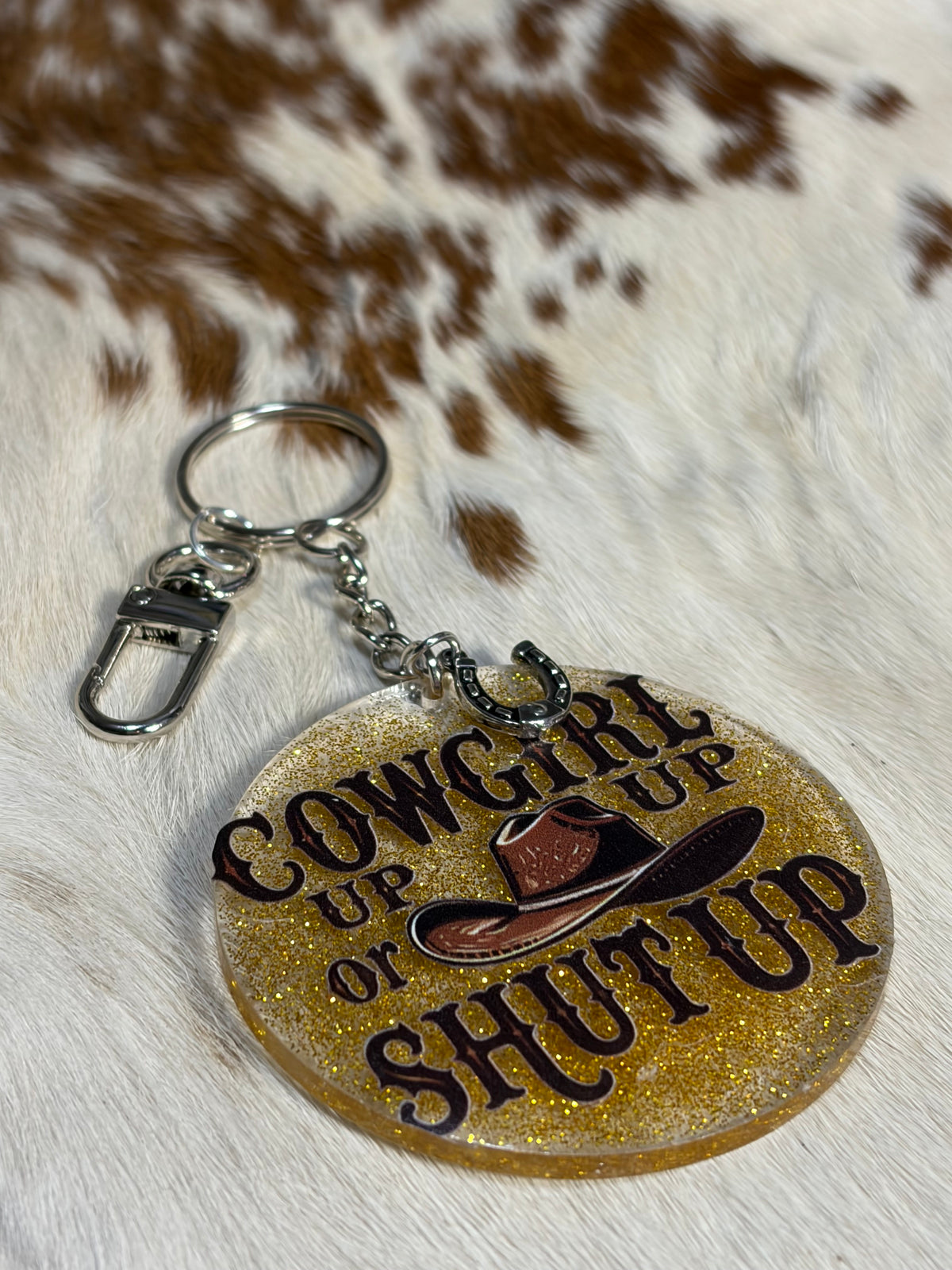 Cowgirl UP Or Shut UP Resin Acrylic Bag Charm Keychain Gold Brown Purse Charm Backpack Charm