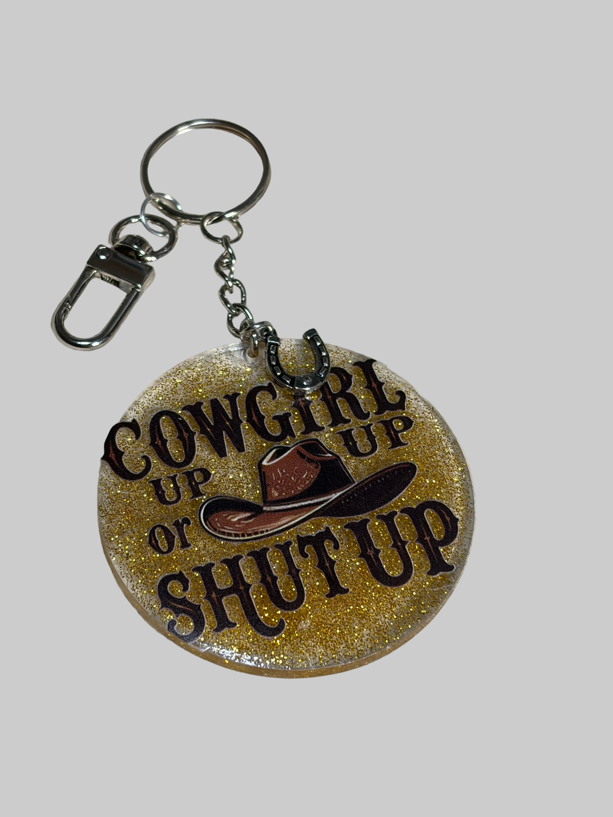 Cowgirl UP Or Shut UP Resin Acrylic Bag Charm Keychain Gold Brown Purse Charm Backpack Charm