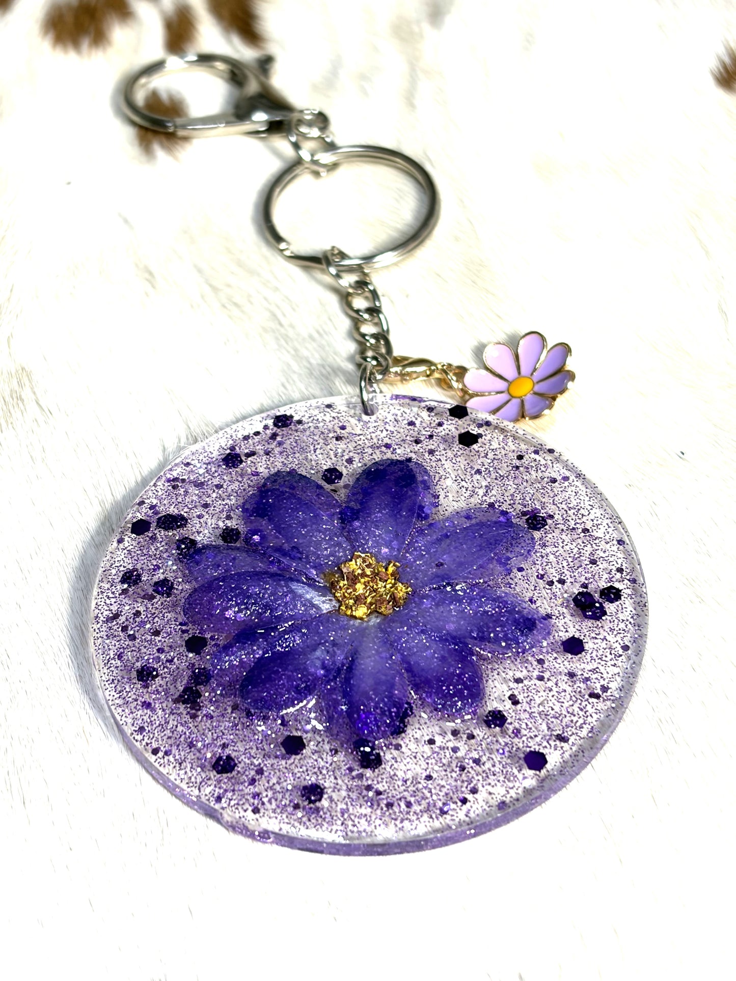 Round Resin Acrylic Purple Flower Glitter Flower Charm Bag Charm Purse Charm Backpack Charm
