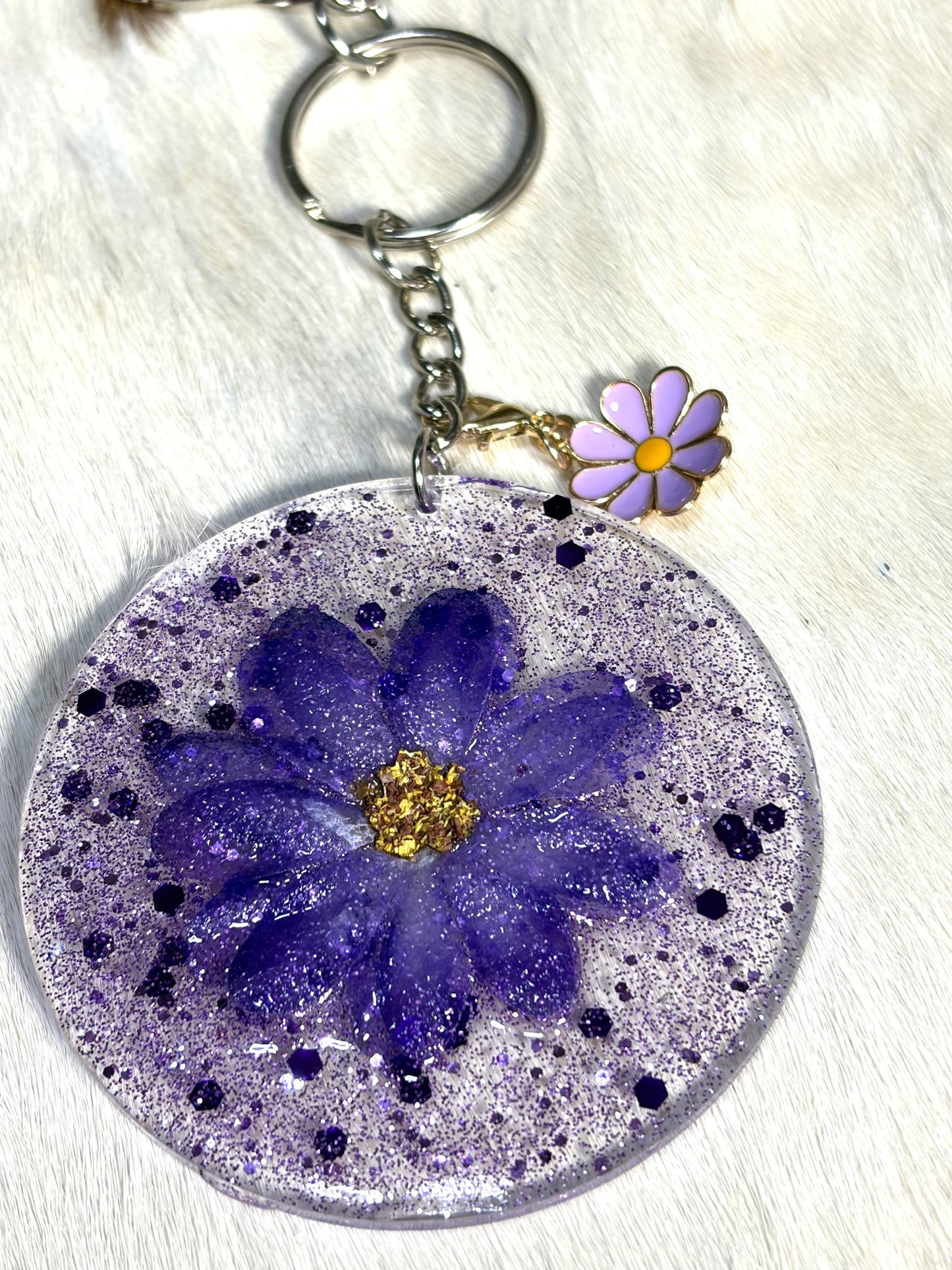 Round Resin Acrylic Purple Flower Glitter Flower Charm Bag Charm Purse Charm Backpack Charm