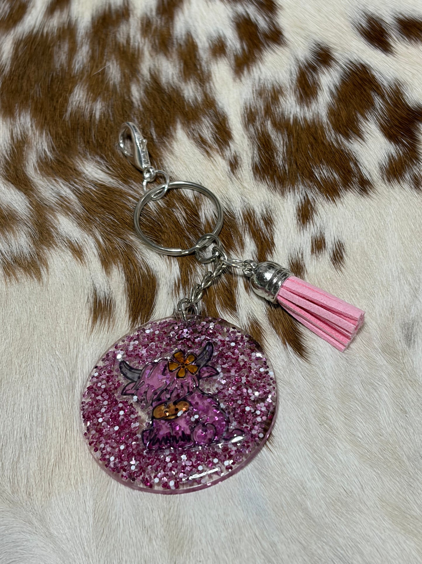Highland Cow Resin Acrylic Glitter Bag Charm Keychain Purse Bag Charm Backpack Charm