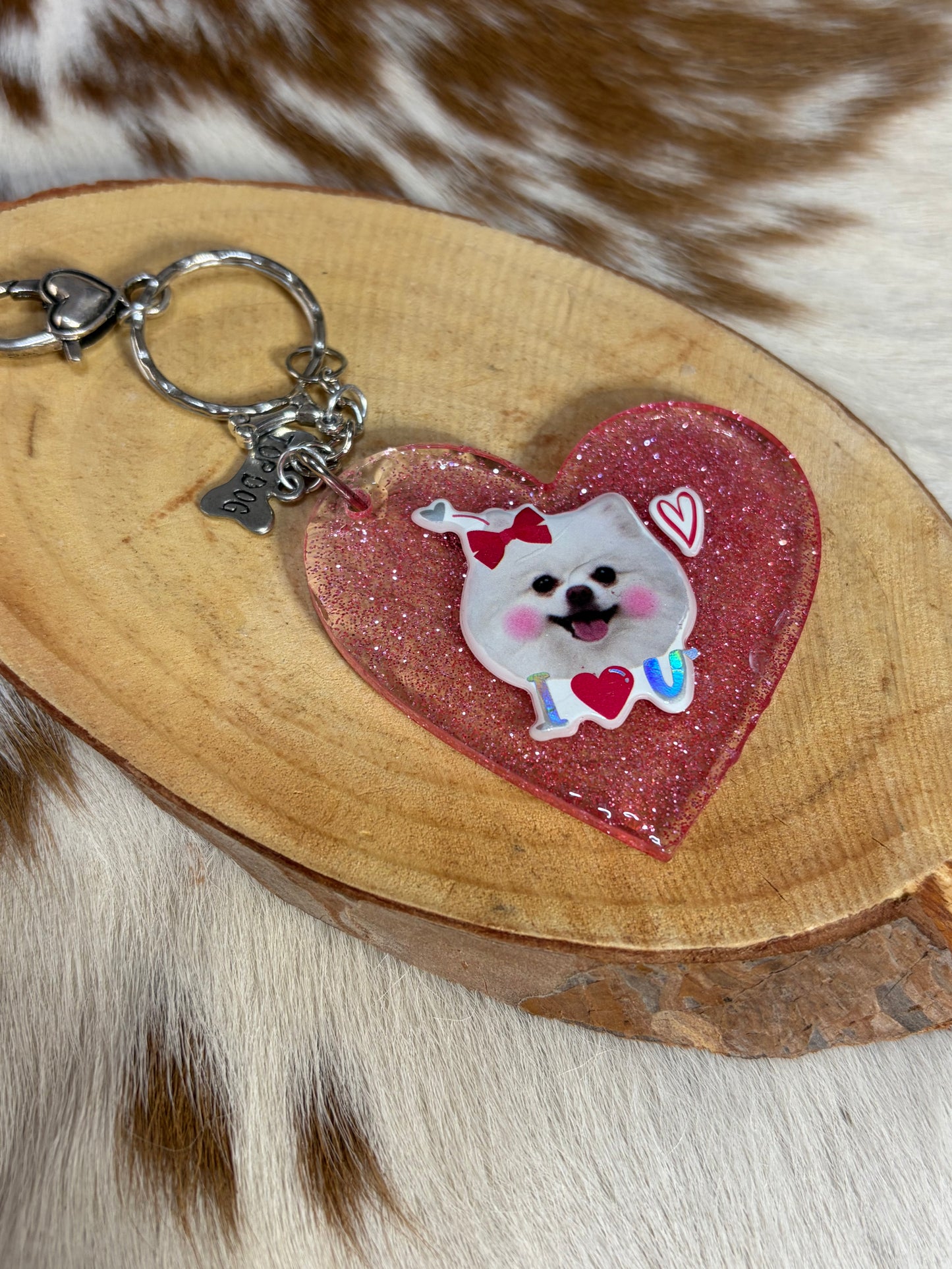 Resin Glitter Heart Shape Puppy Heart Dog Bone Charm Bag Charm Keychain Pink Red